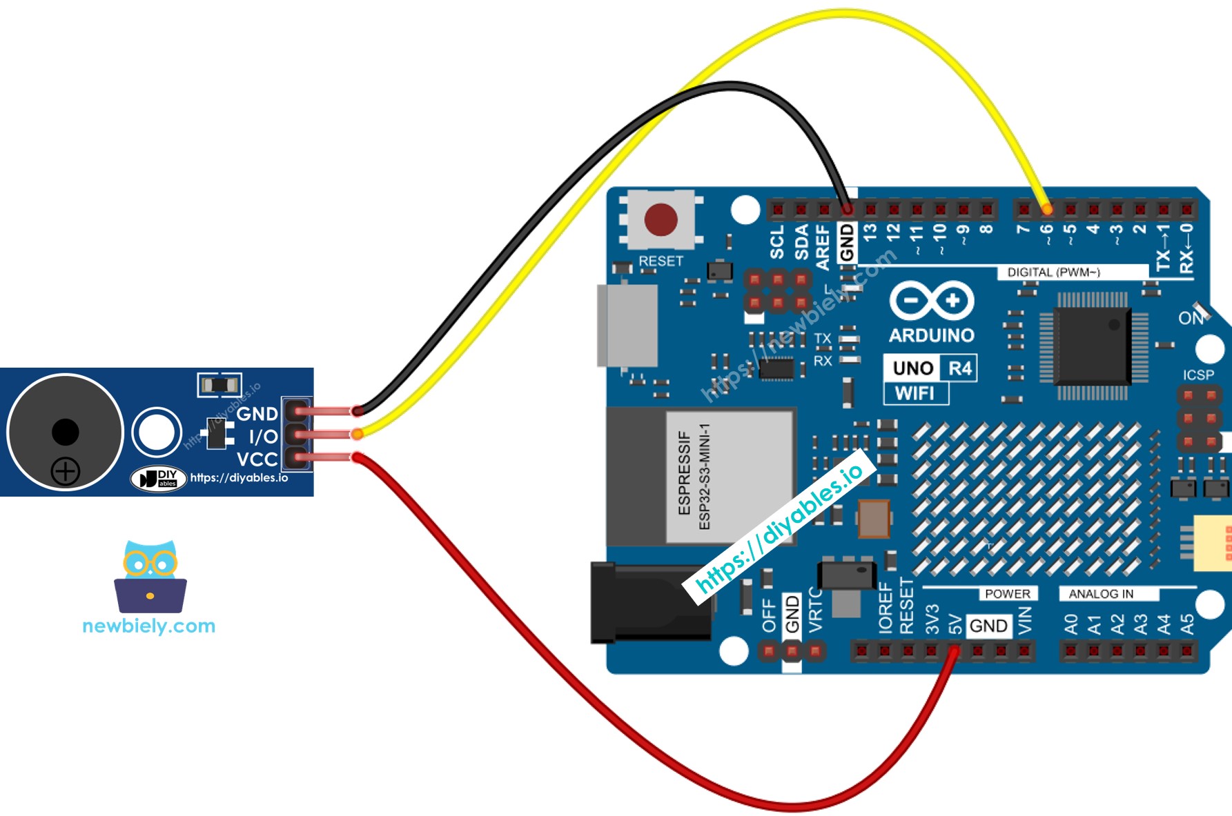 Diagrama de Ligação do Módulo de Buzzer com Arduino UNO R4