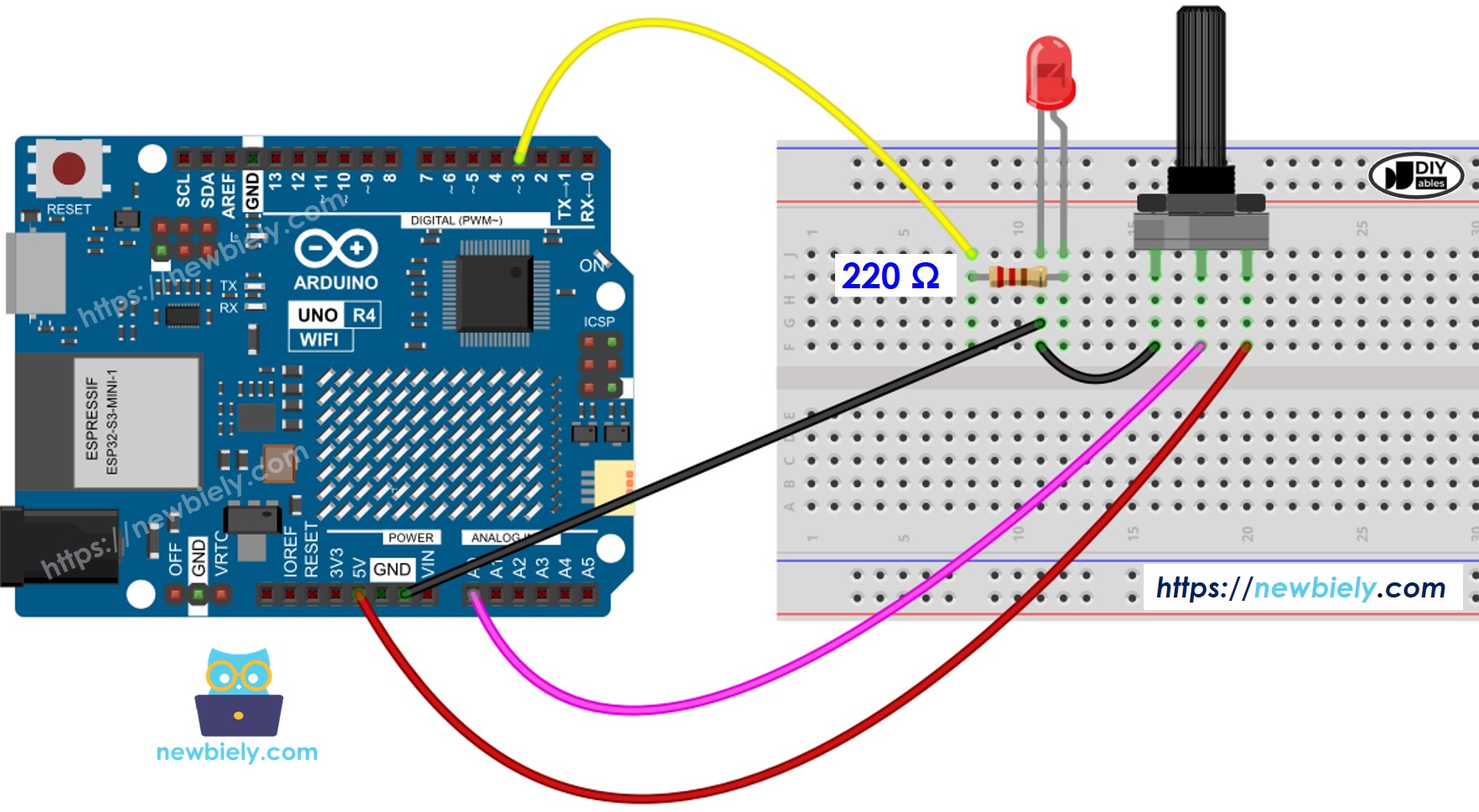 Diagrama de Ligação do Potenciômetro Rotativo e LED com Arduino UNO R4