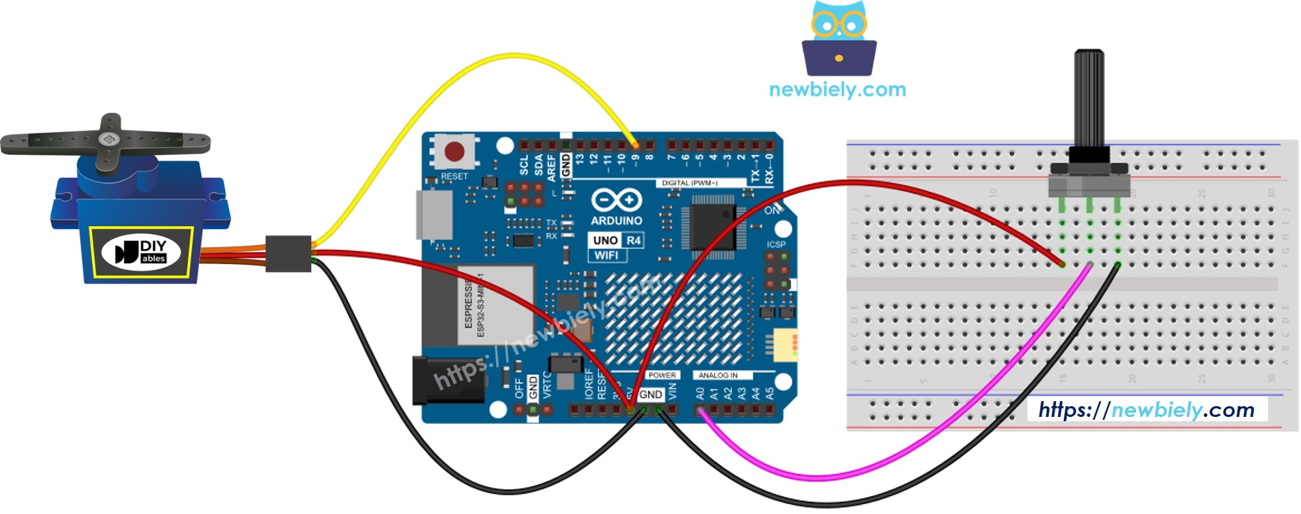 Diagrama de Ligação do Servo Motor e Potenciômetro com Arduino UNO R4
