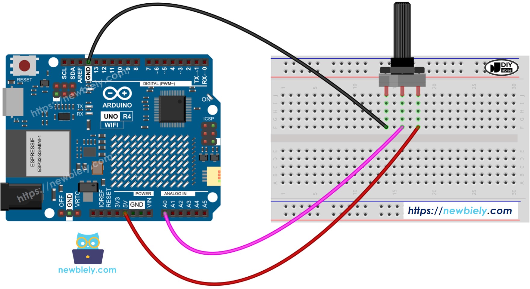 Diagrama de Ligação do Potenciômetro com Arduino UNO R4