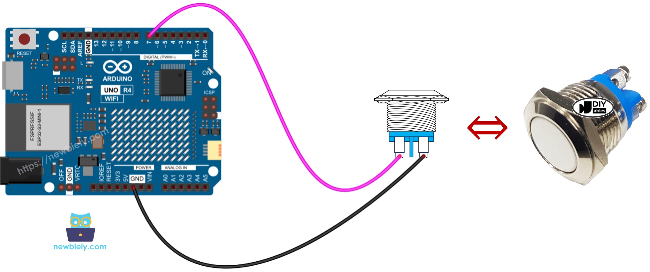 Diagrama de Ligação do botão de pressão de dois pinos com Arduino UNO R4