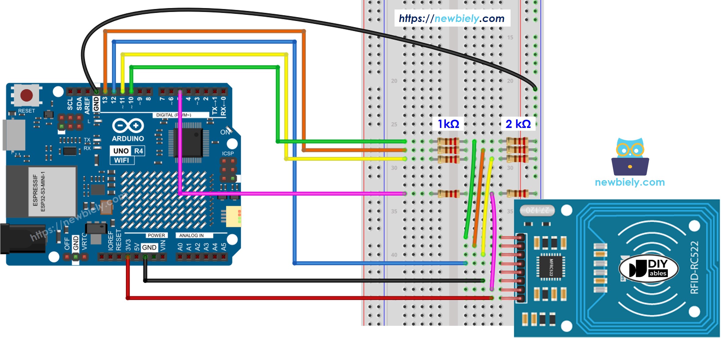 Diagrama de ligação do RFID RC522 com tensão regulada no Arduino UNO R4