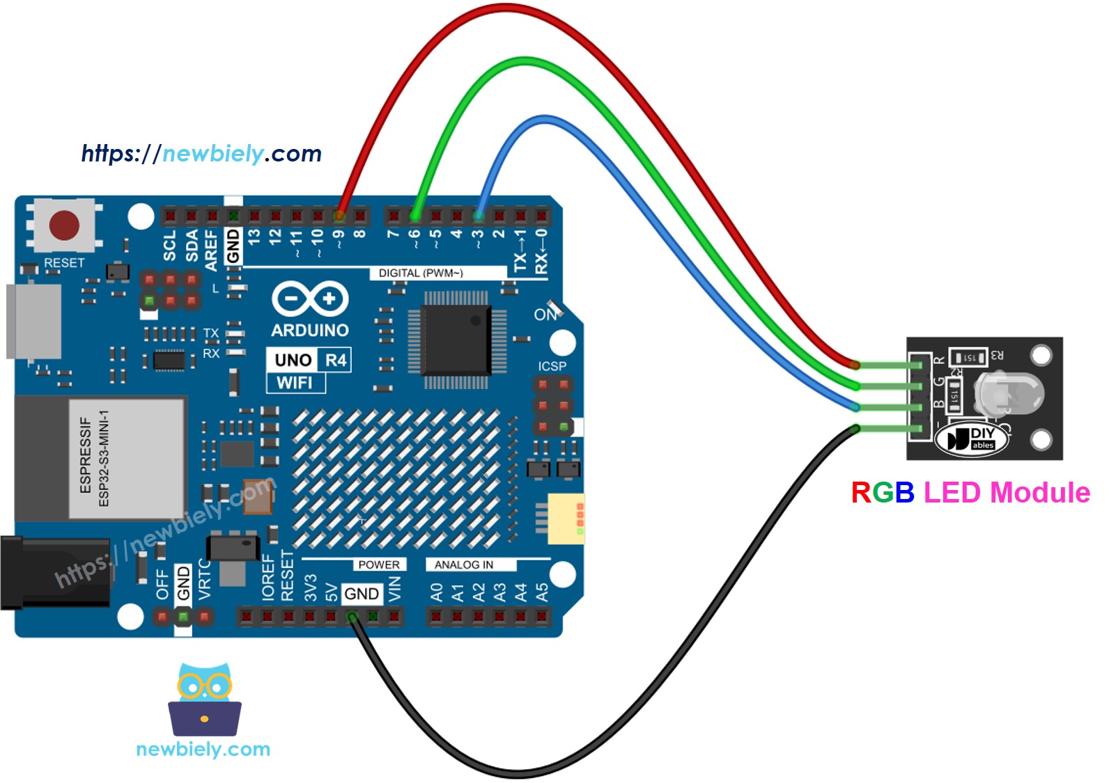 Diagrama de ligação do módulo LED RGB com Arduino UNO R4