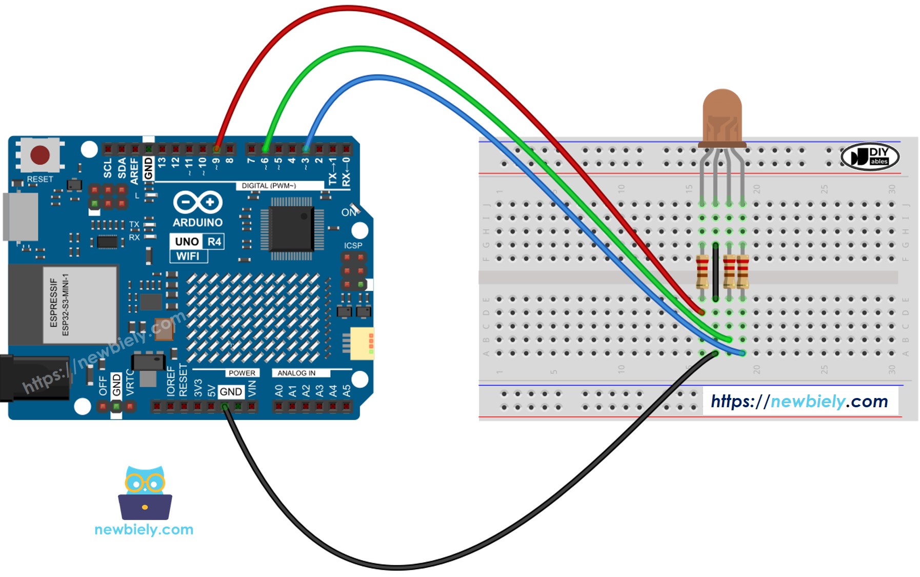 Diagrama de ligação do LED RGB com Arduino UNO R4