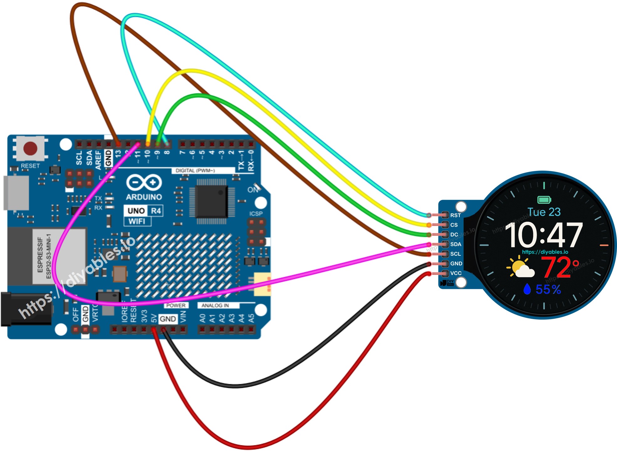 Diagrama de ligação do Display TFT LCD Redondo Circular de 1,28 Polegada com Arduino UNO R4