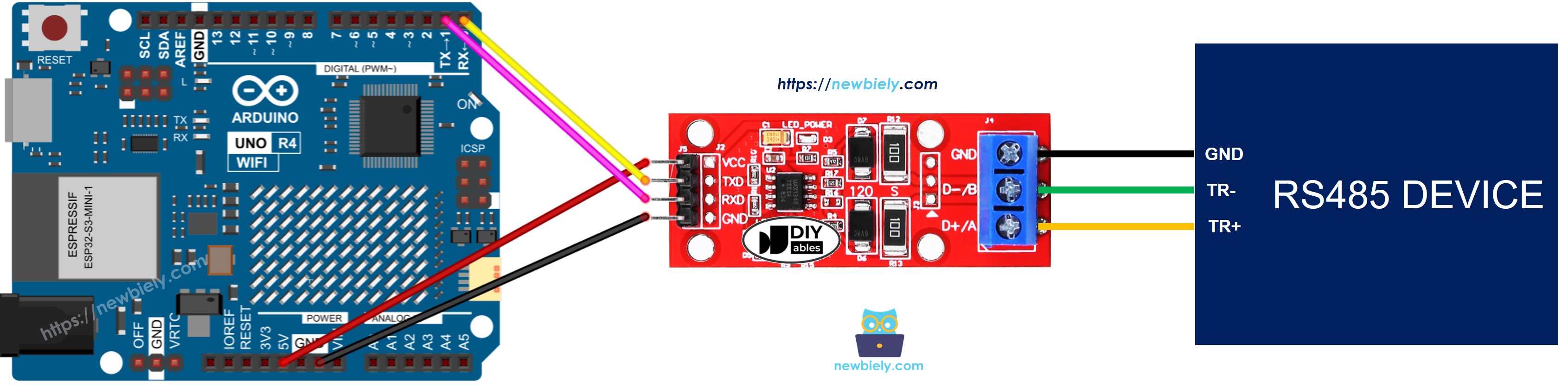 Diagrama de ligação do Arduino UNO R4 com TTL para RS485