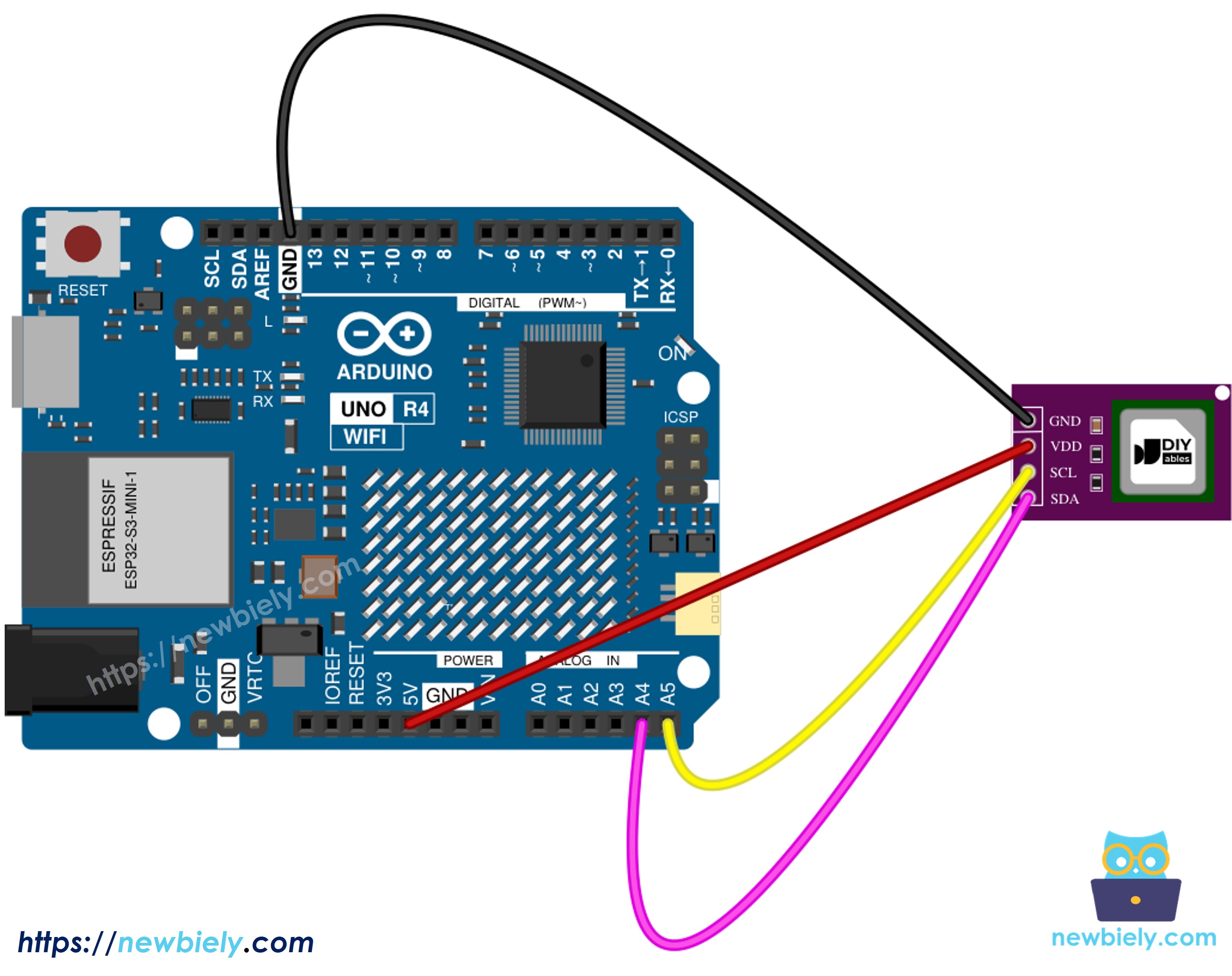 Diagrama de ligação do Arduino UNO R4 com o sensor de CO2 SCD40
