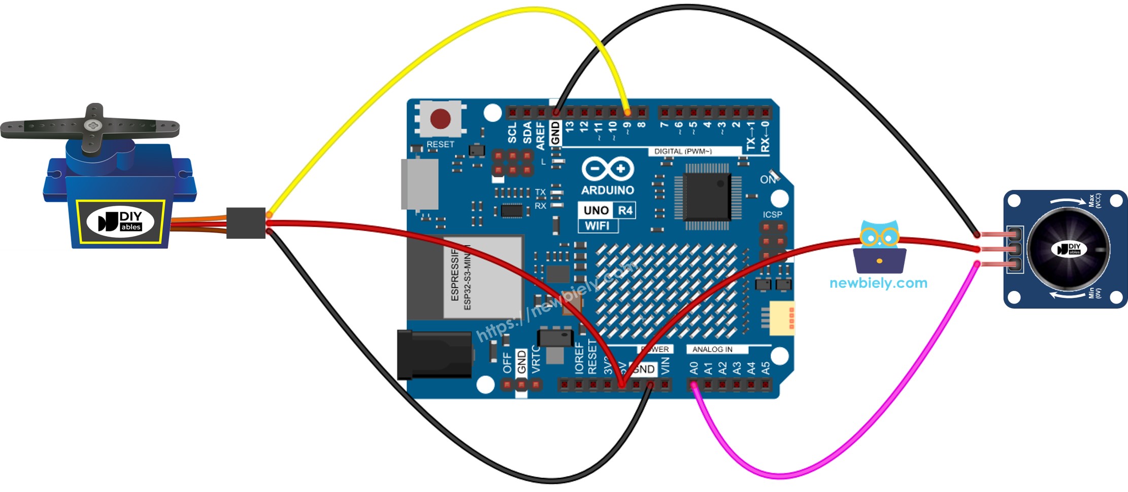 Diagrama de Ligação do Servo Motor e módulo de Potenciômetro com Arduino UNO R4
