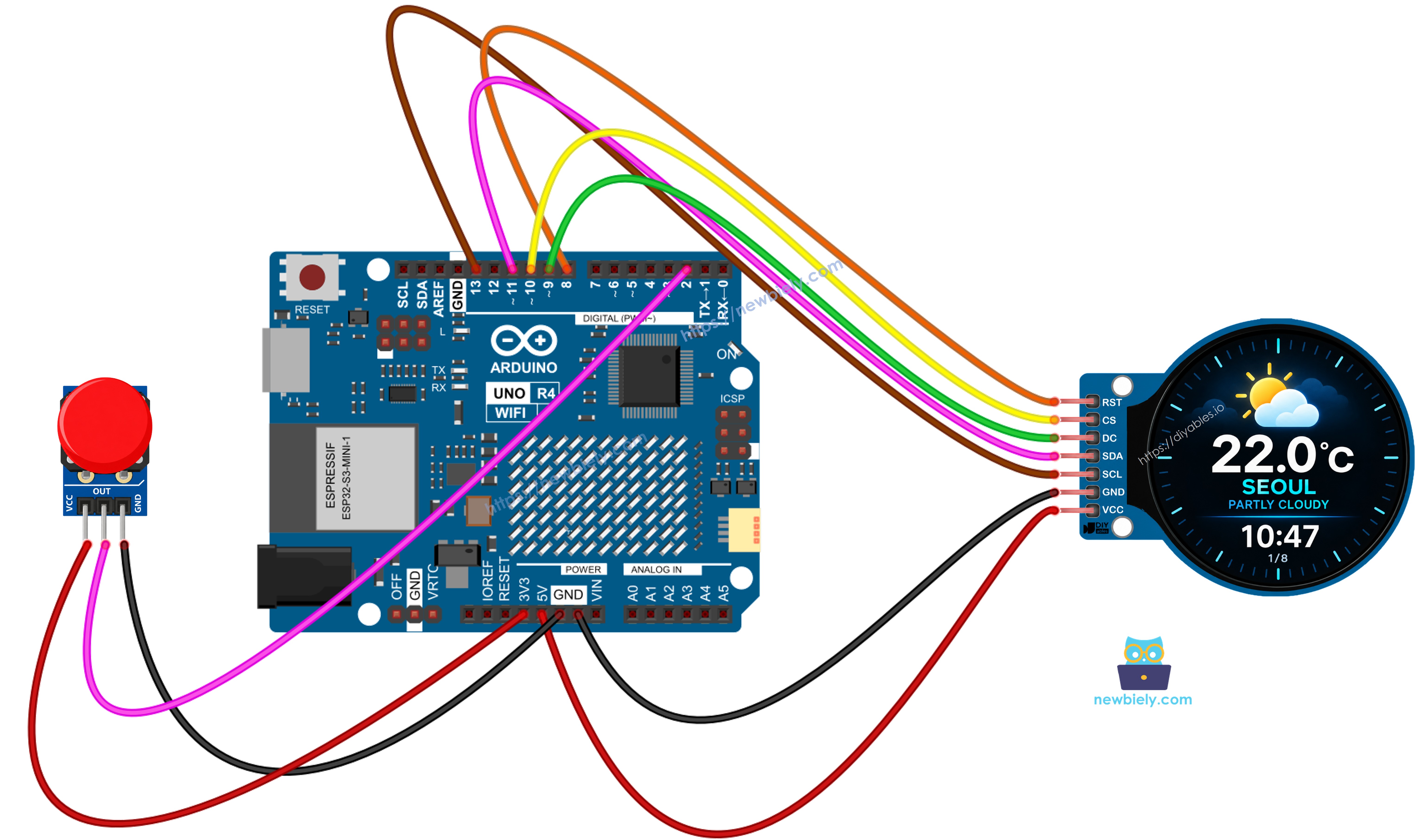 Diagrama de ligação da estação meteorológica inteligente com Arduino UNO R4 e módulo de botão