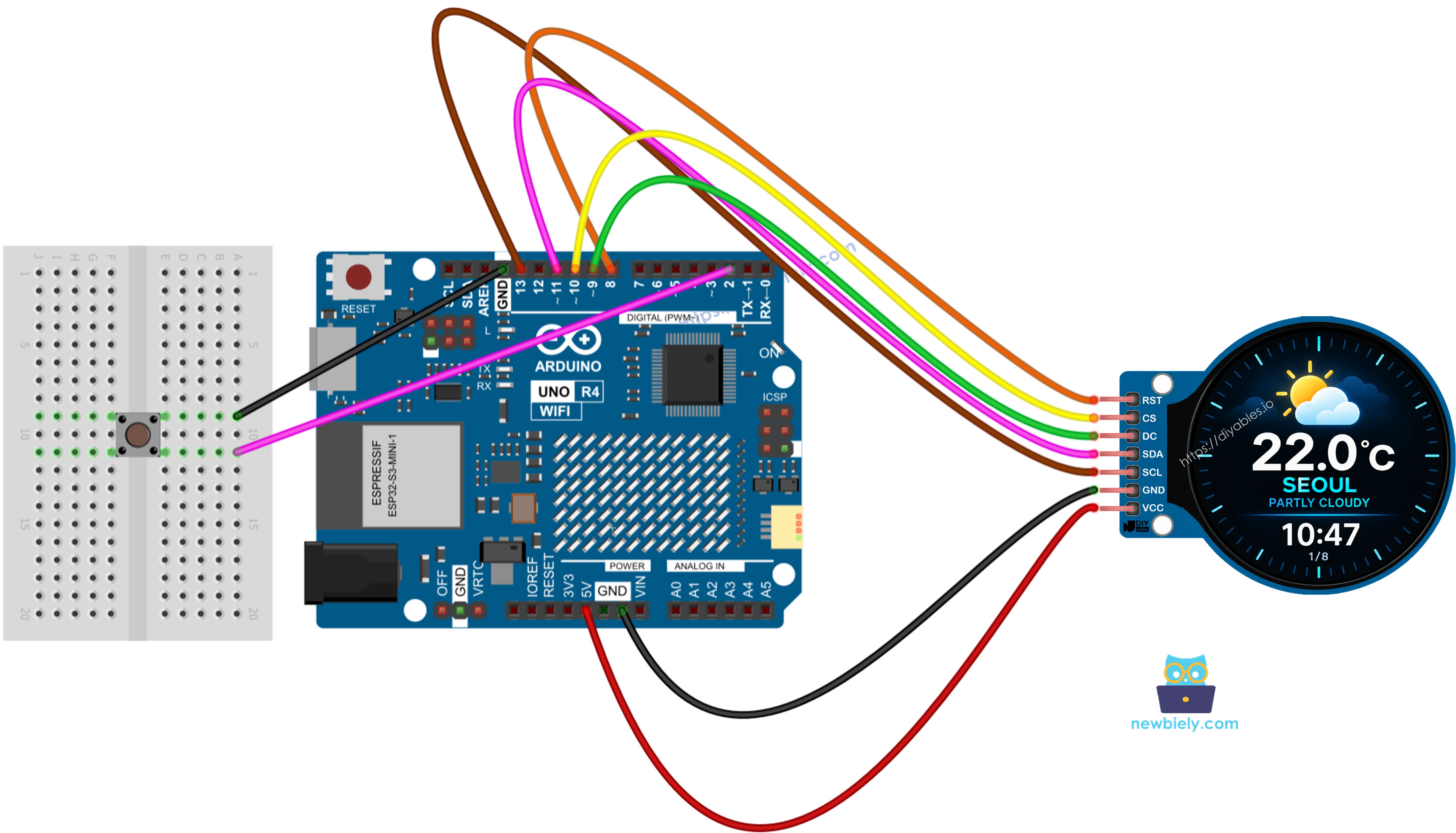 Diagrama de ligação da estação meteorológica inteligente com Arduino UNO R4 e botão de pressão