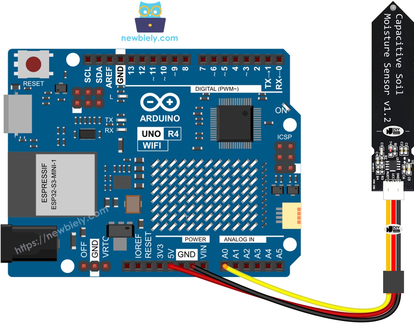 Diagrama de Ligação do Arduino UNO R4 com sensor de umidade do solo