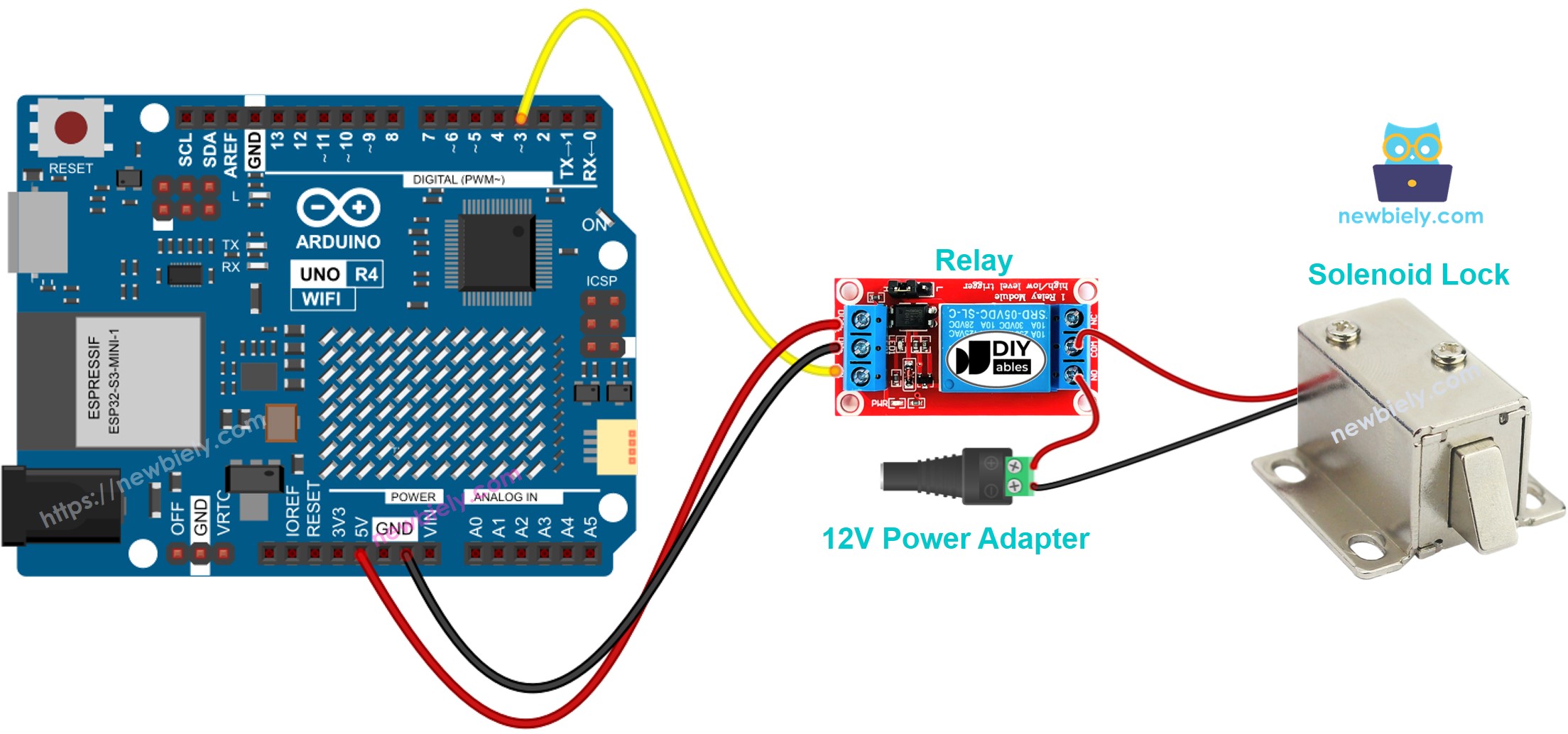 Diagrama de ligação da fechadura solenoide no Arduino UNO R4
