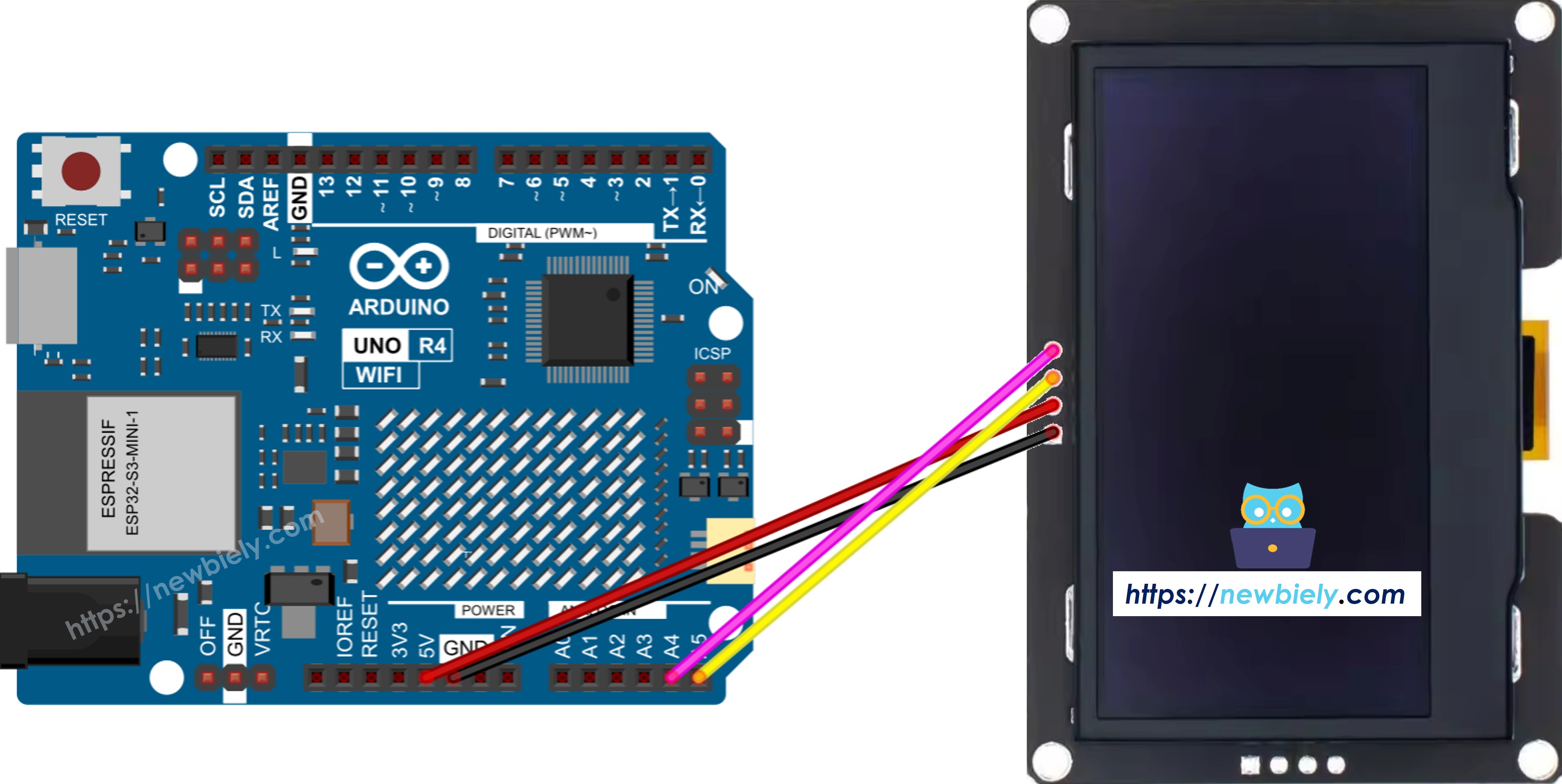 Diagrama de ligação do Arduino Uno R4 com OLED SSD1309 128x64