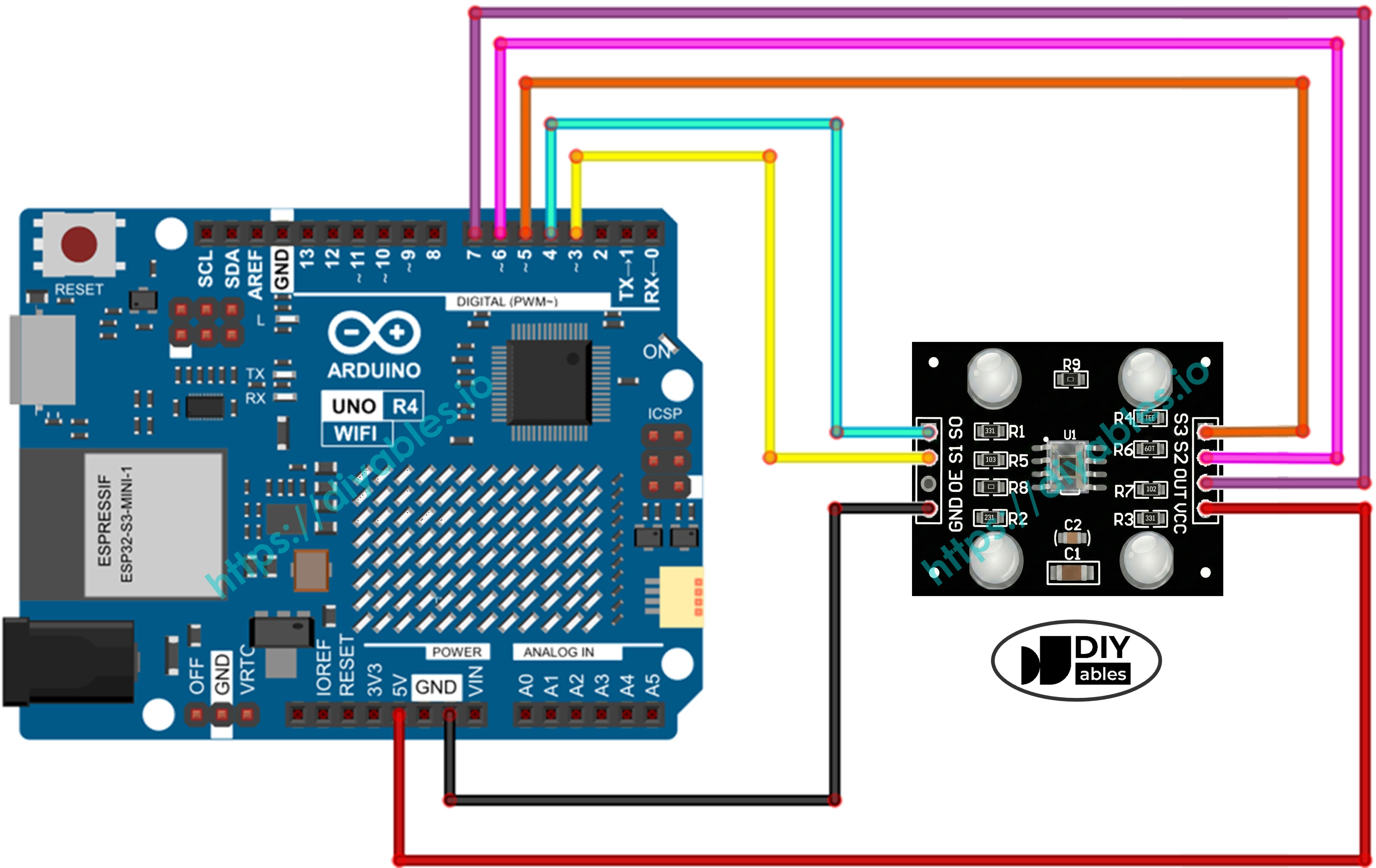 Diagrama de ligação do Arduino UNO R4 e do sensor de cor TCS3200 mostrando a conexão entre os pinos