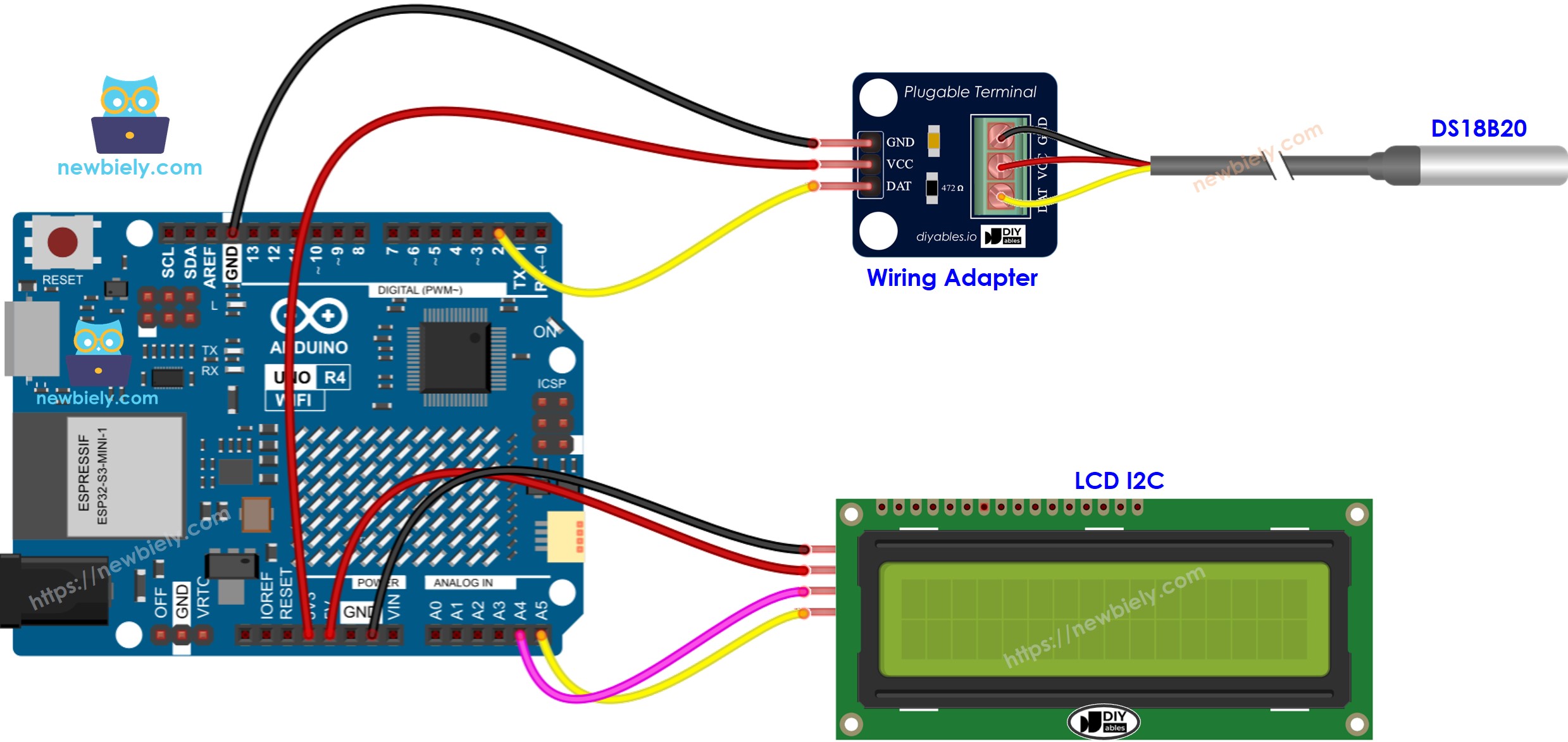 Diagrama de ligação do Arduino UNO R4 com sensor de temperatura e LCD