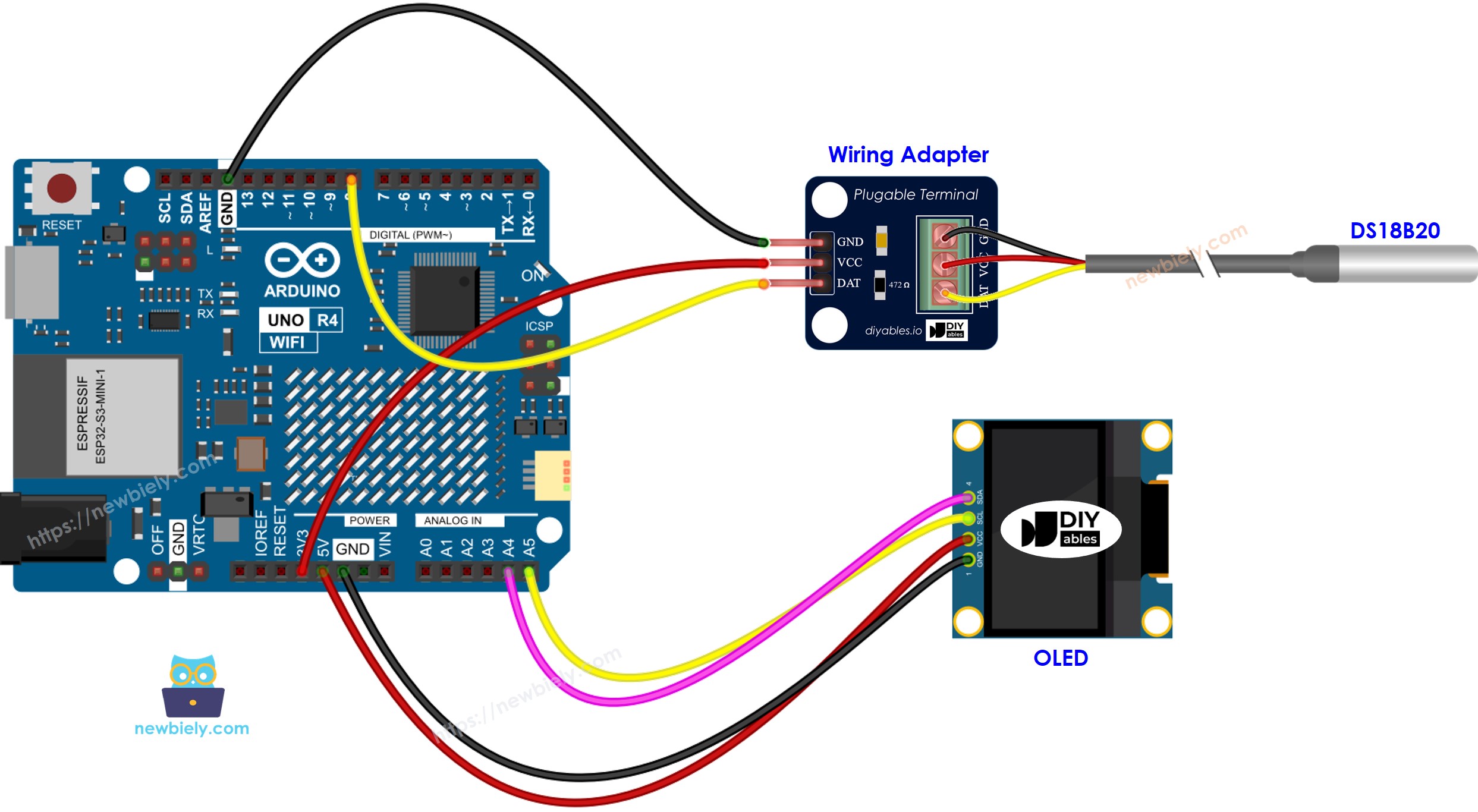 Diagrama de ligação do Arduino UNO R4 com sensor de temperatura DS18B20 e OLED