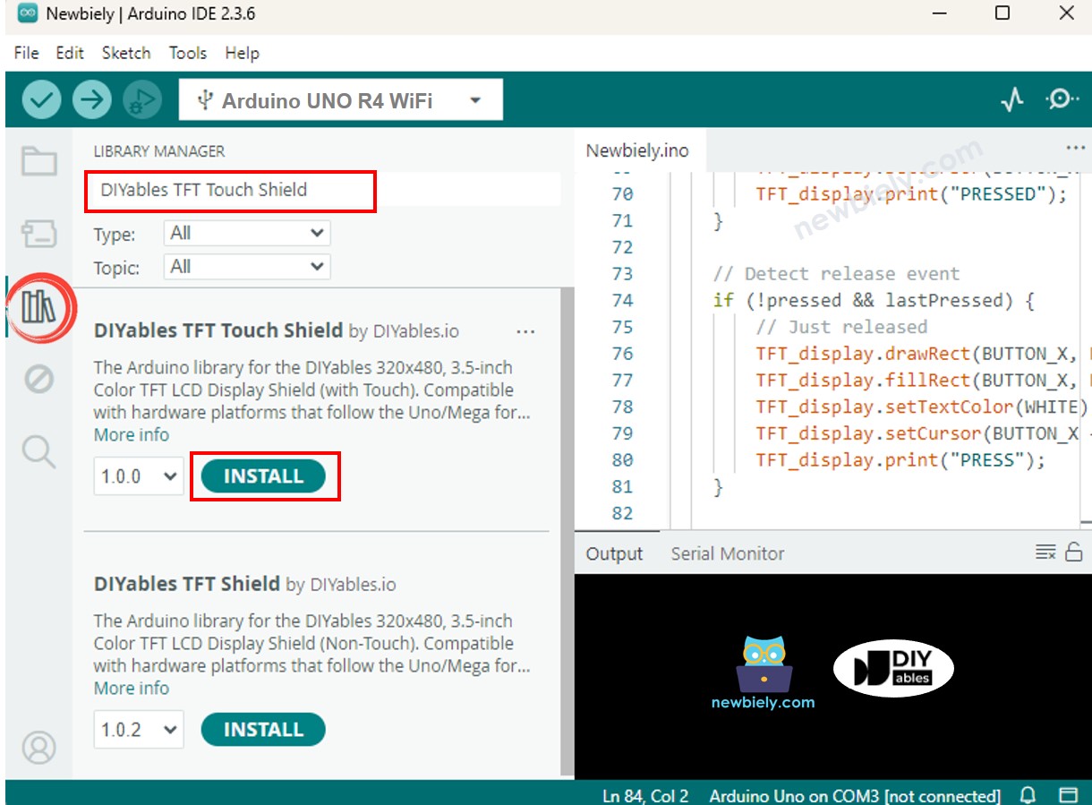 Biblioteca do shield do display TFT LCD Touch para Arduino UNO R4