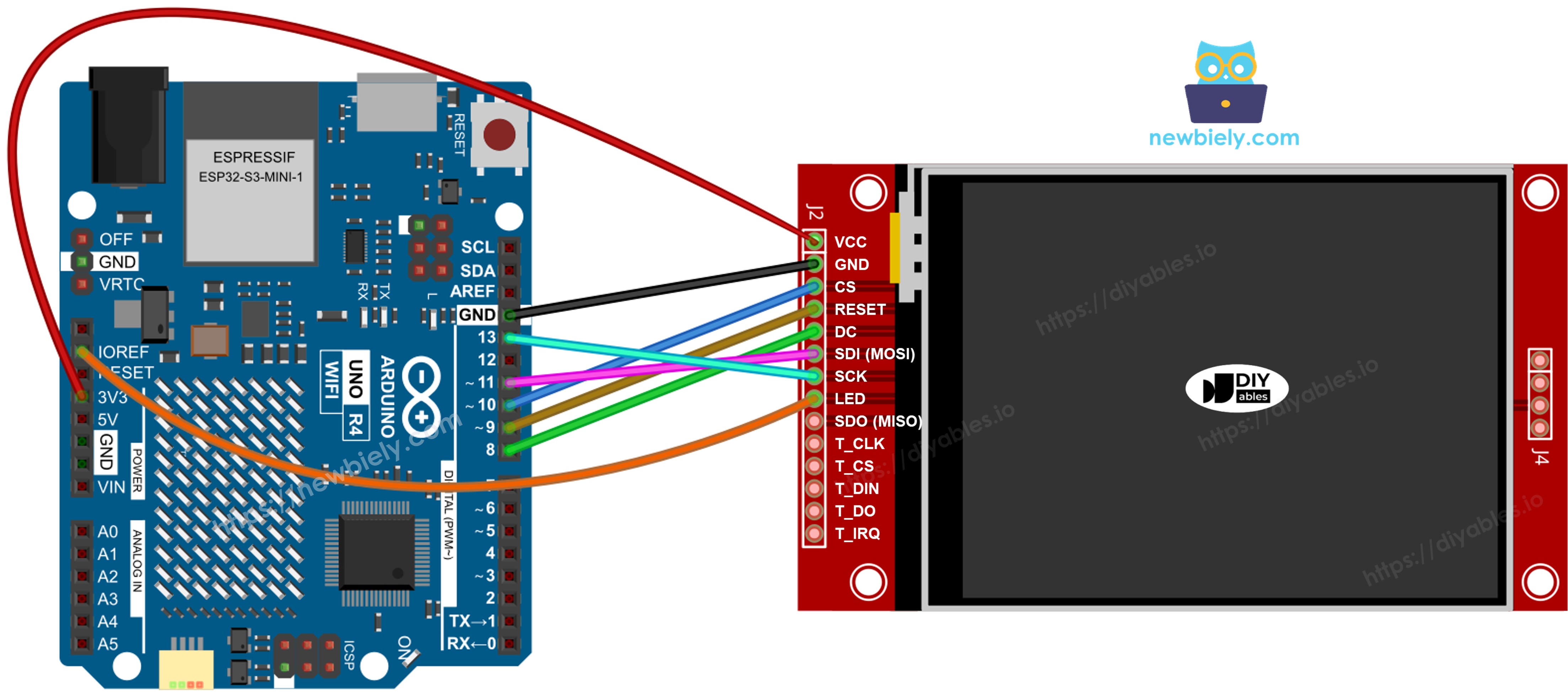 Diagrama de ligação do display TFT SPI do Arduino Uno R4 sem touch