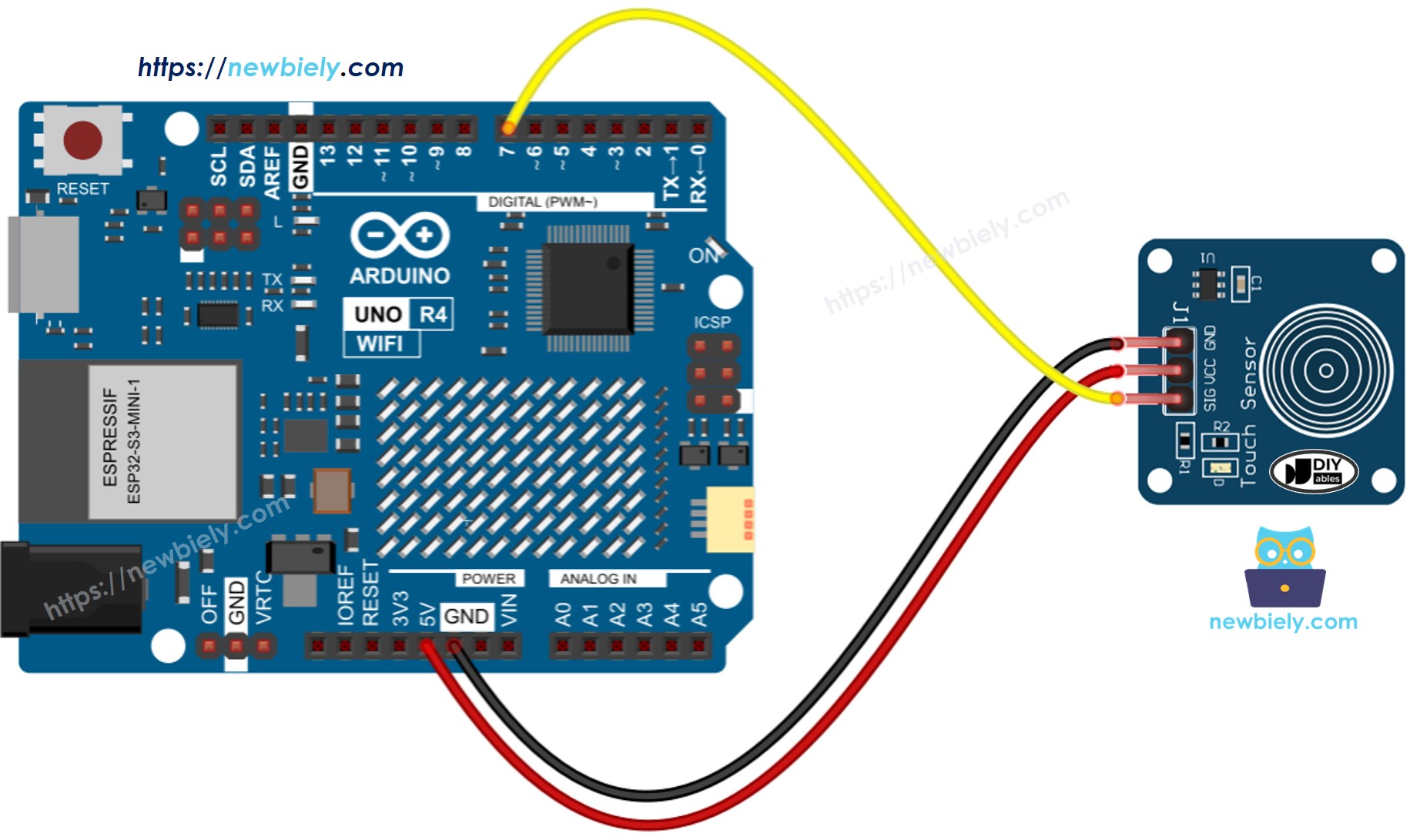 Diagrama de ligação do sensor de toque no Arduino UNO R4