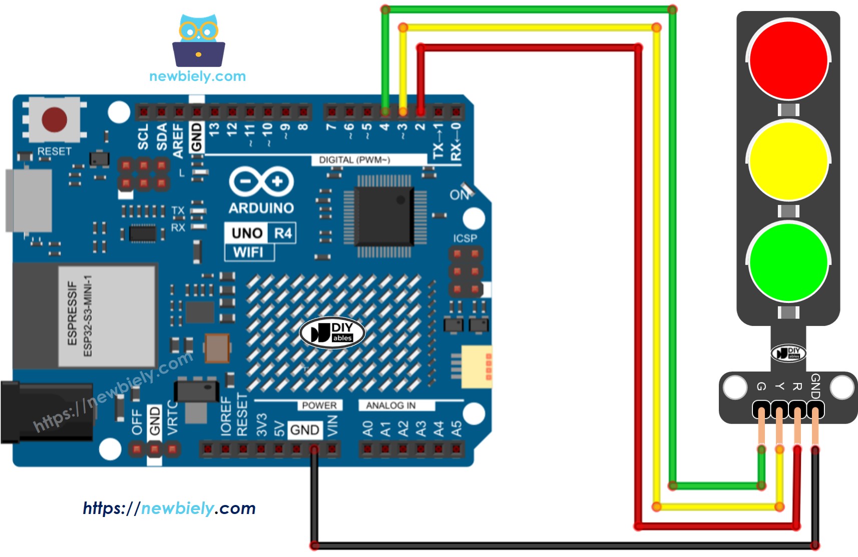 Diagrama de Ligação do semáforo com Arduino UNO R4