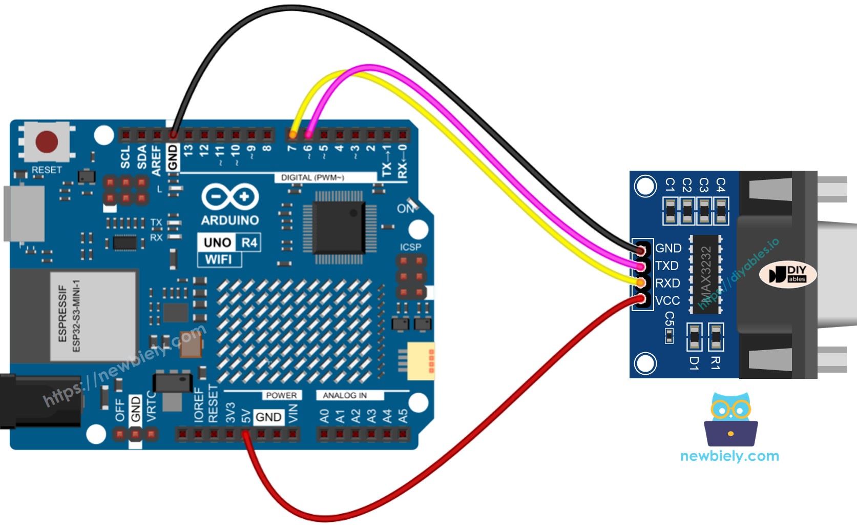 Diagrama de ligação do Arduino UNO R4 com RS232 para TTL