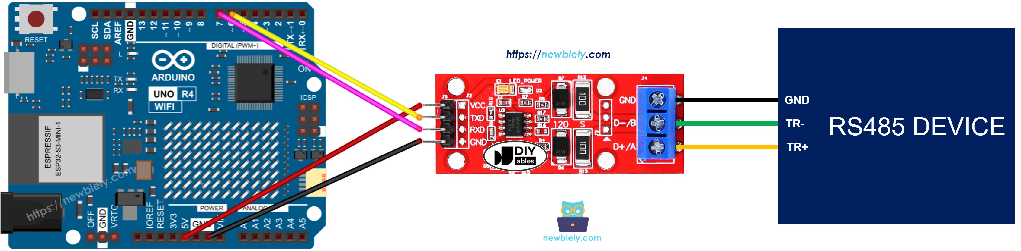 Diagrama de ligação do Arduino UNO R4 com RS-485 para TTL