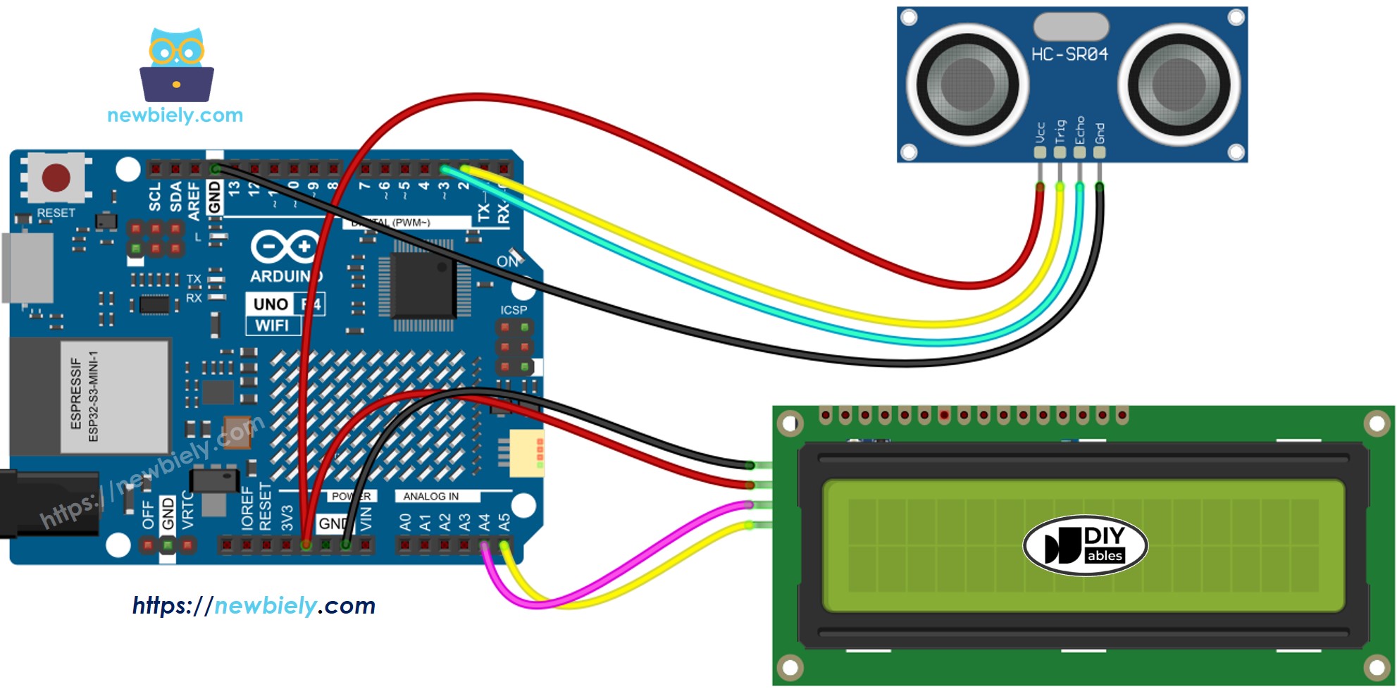 Diagrama de Ligação do Arduino UNO R4 com Sensor Ultrassônico e LCD