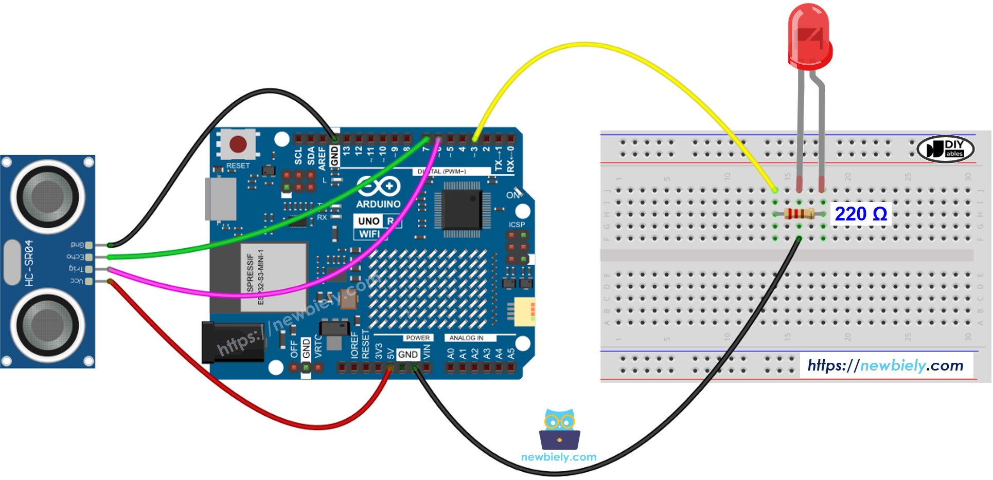 Diagrama de Ligação do Arduino UNO R4 com Sensor Ultrassônico e LED