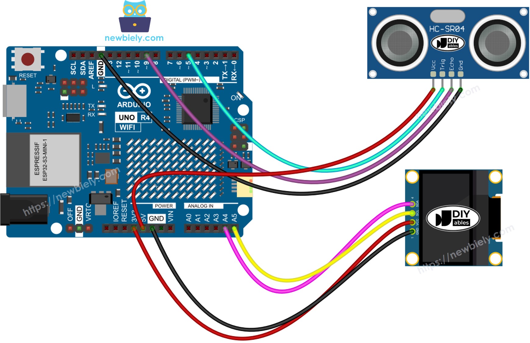 Diagrama de Ligação do Arduino UNO R4 com Sensor Ultrassônico e OLED