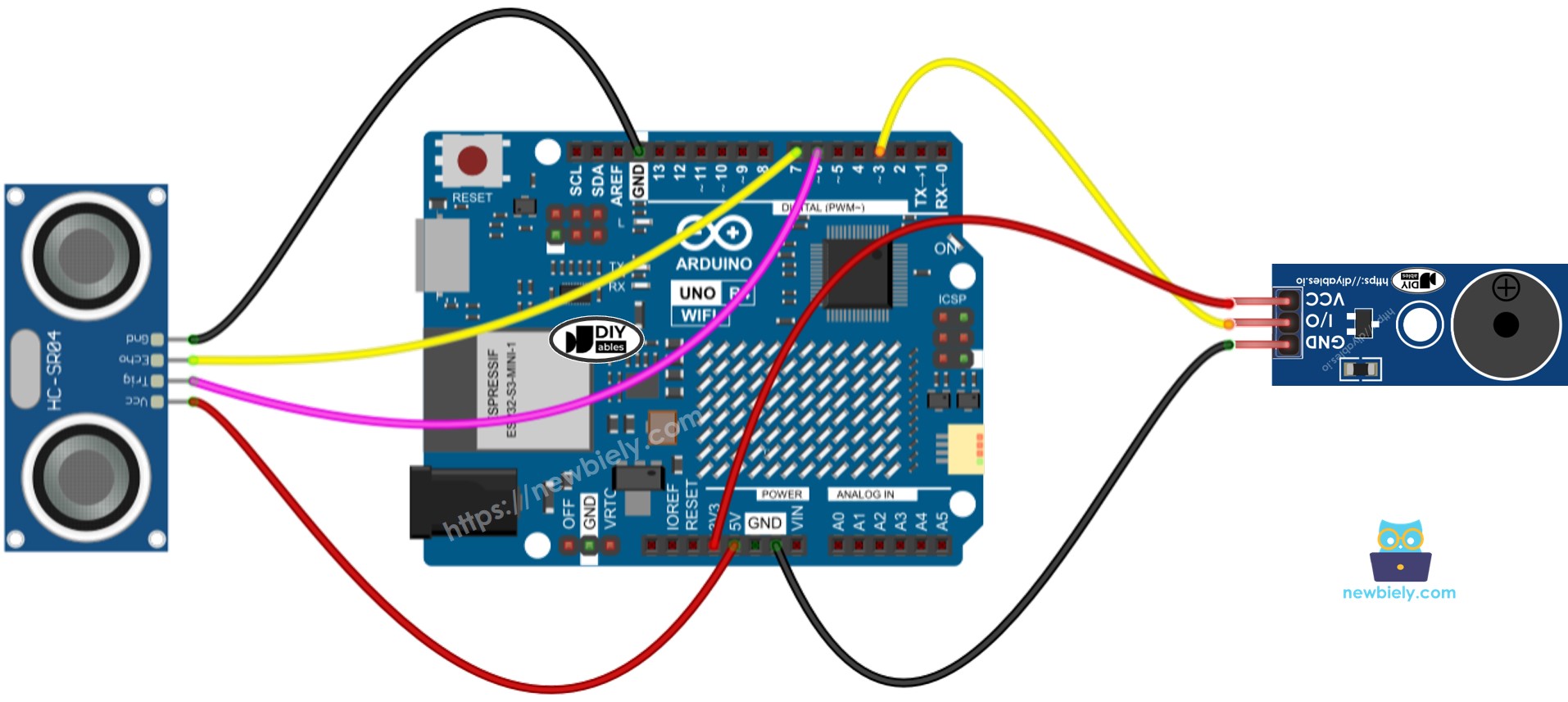 Diagrama de ligação do Arduino UNO R4 com sensor ultrassônico e módulo de buzzer piezo