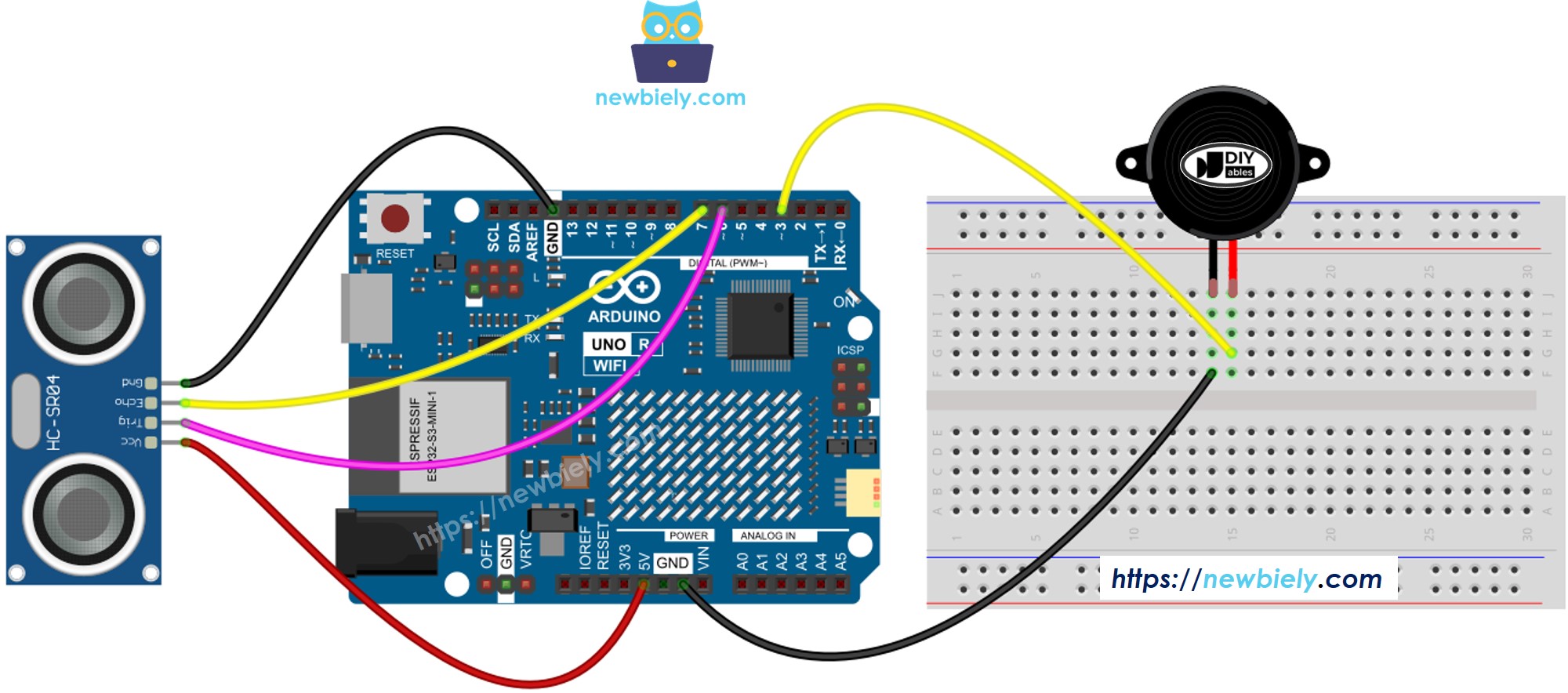 Diagrama de ligação do Arduino UNO R4 com sensor ultrassônico e buzzer piezo