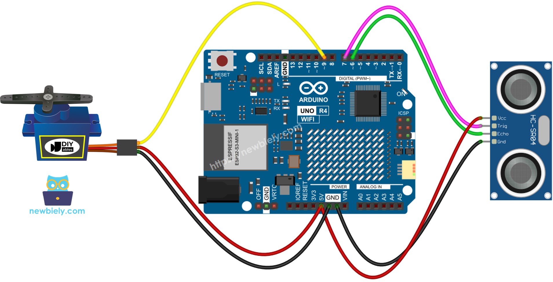 Diagrama de Ligação do Arduino UNO R4 com Sensor Ultrassônico e Servo Motor