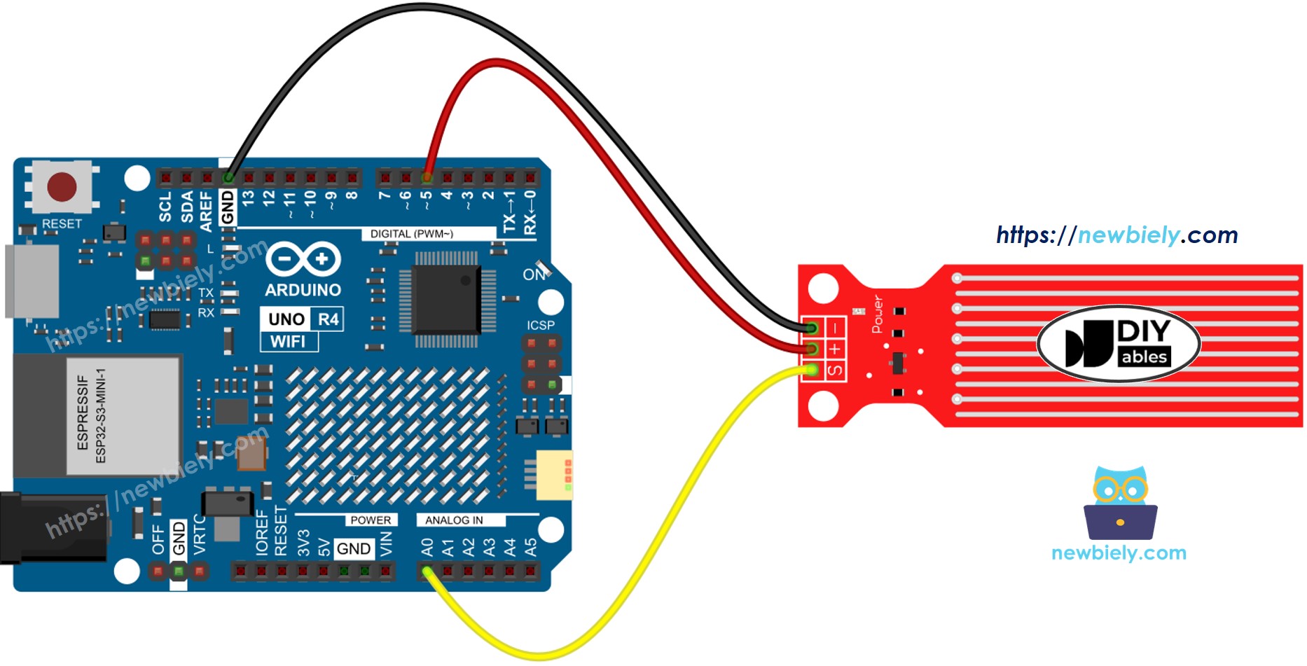 Diagrama de ligação do sensor de água no Arduino UNO R4