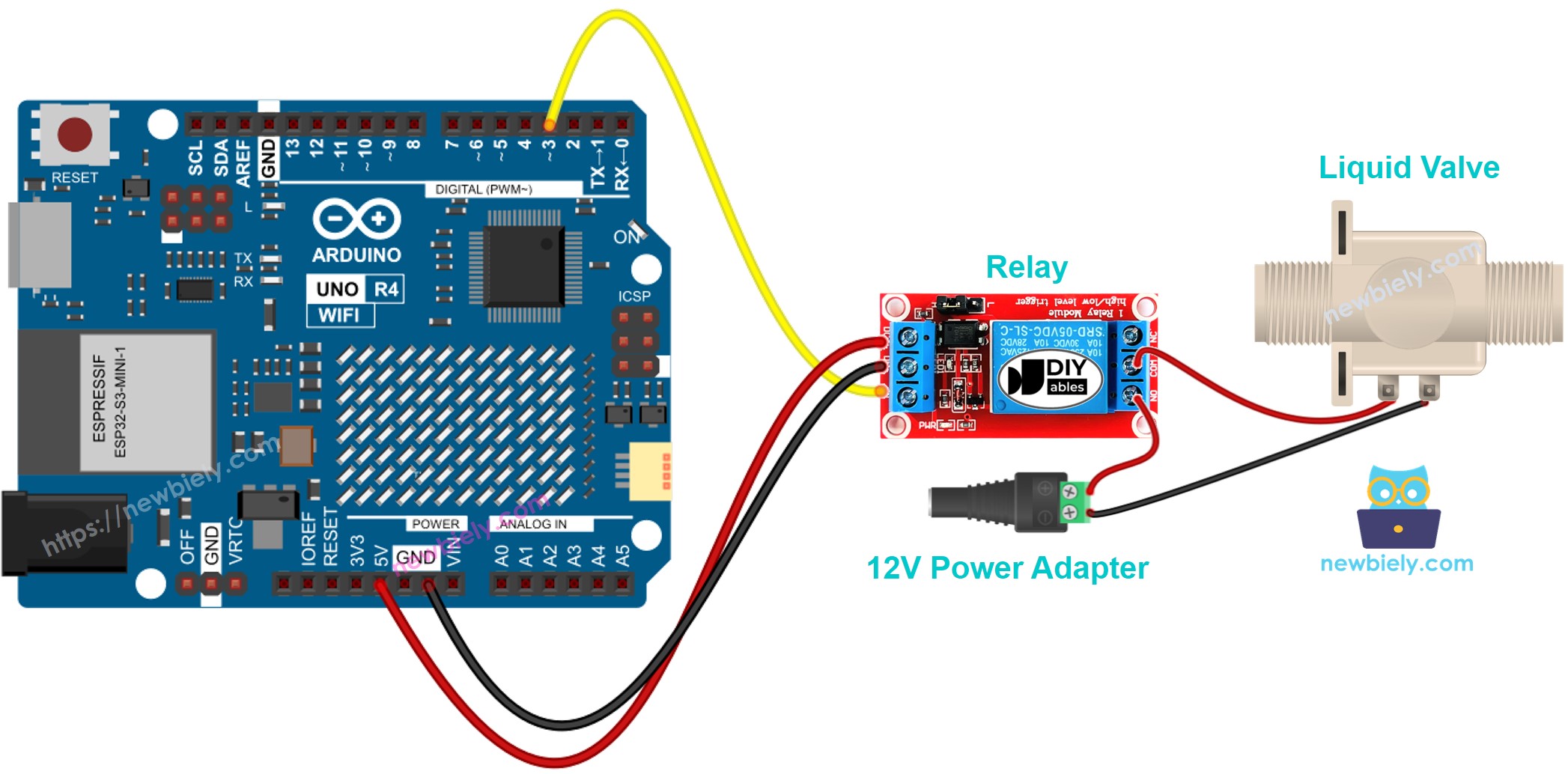 Arduino UNO R4 diagrama de ligação da válvula de água