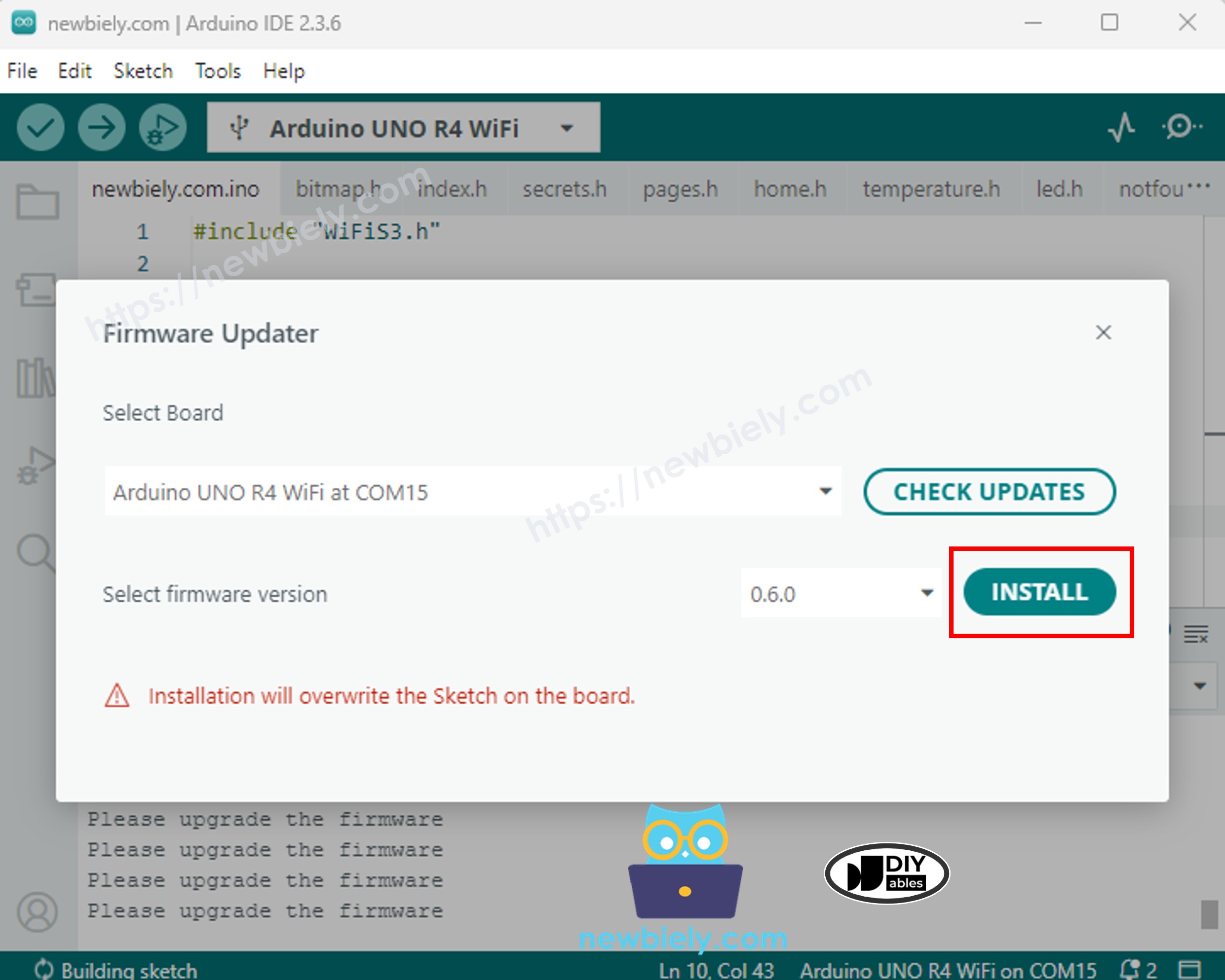 Instalar a atualização do firmware do Arduino Uno R4 WiFi
