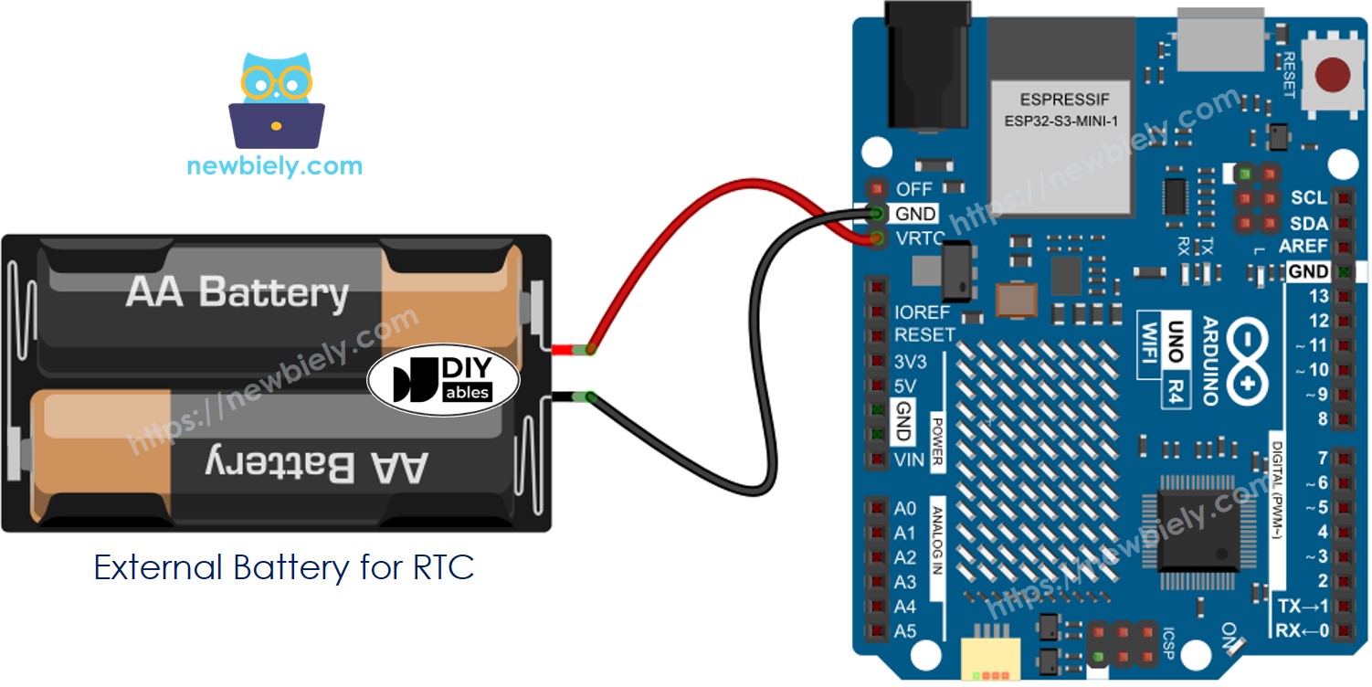 Diagrama de ligação da bateria de backup do RTC do Arduino UNO R4 WiFi