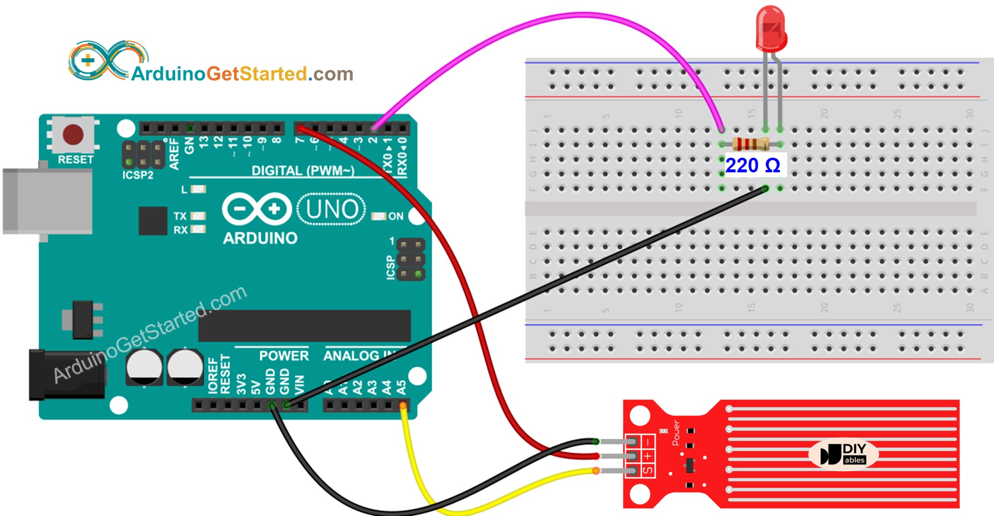 Diagrama de ligação do Sensor de Água e LED com Arduino