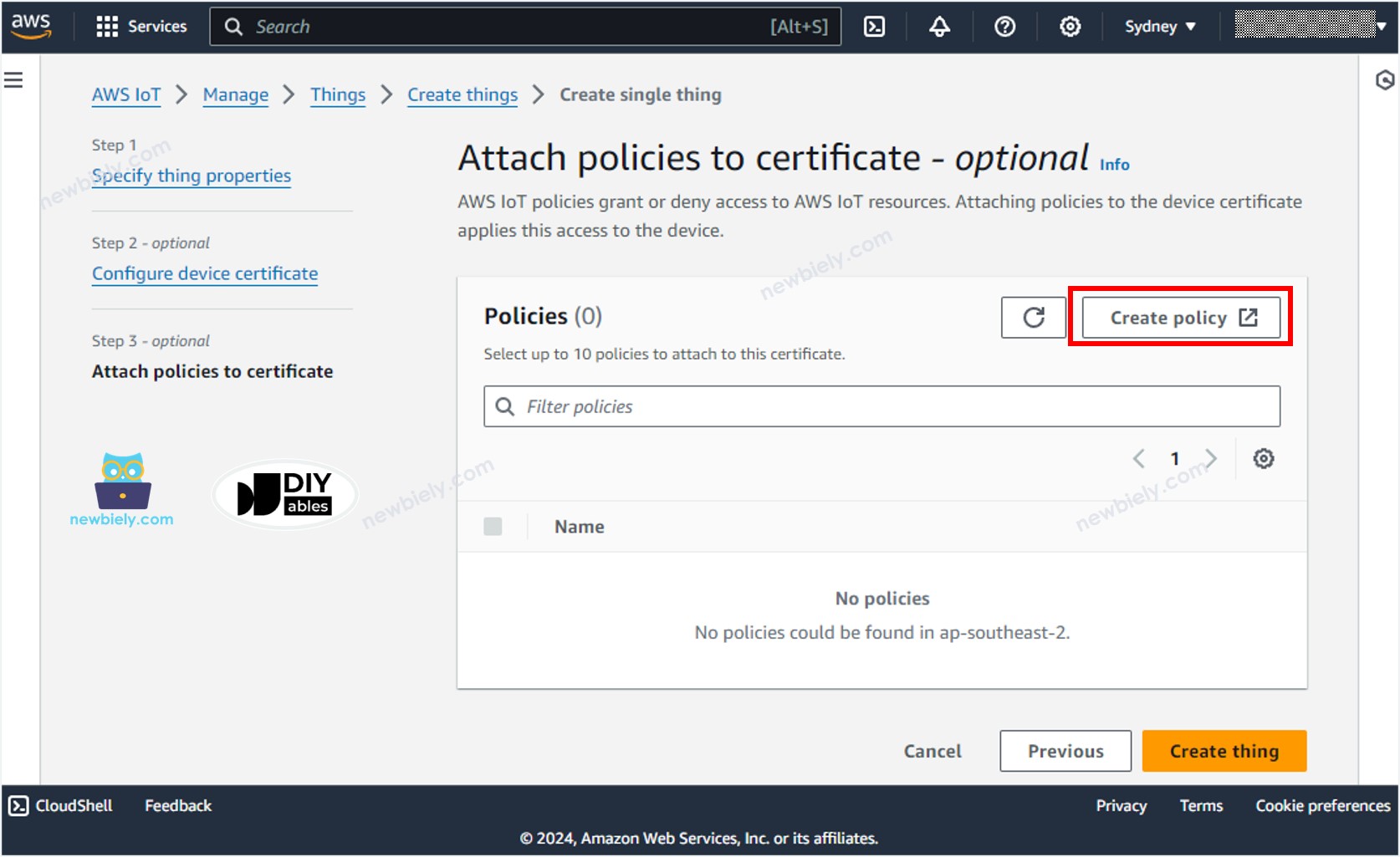 AWS IoT Core cria policy
