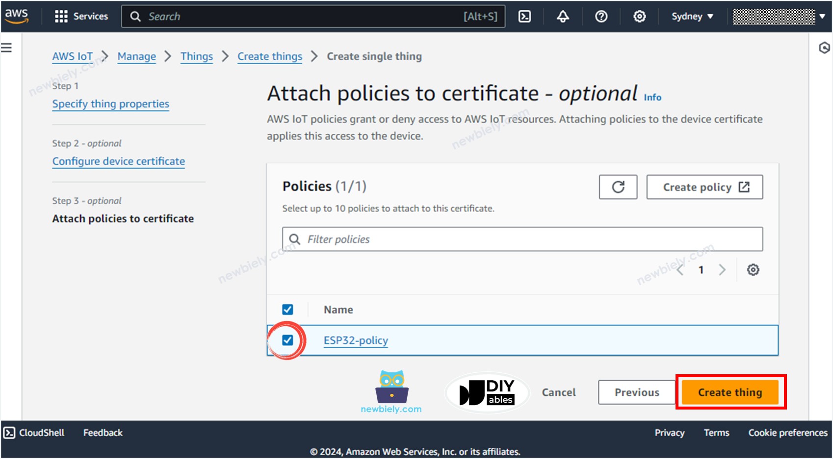 AWS IoT Core cria o Thing ESP32