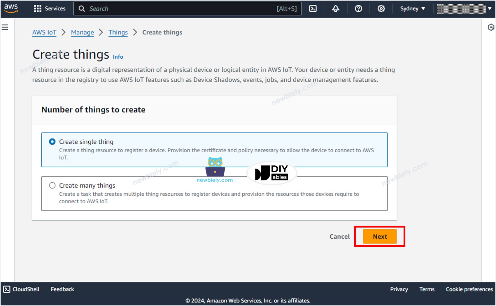 AWS IoT Core cria Things