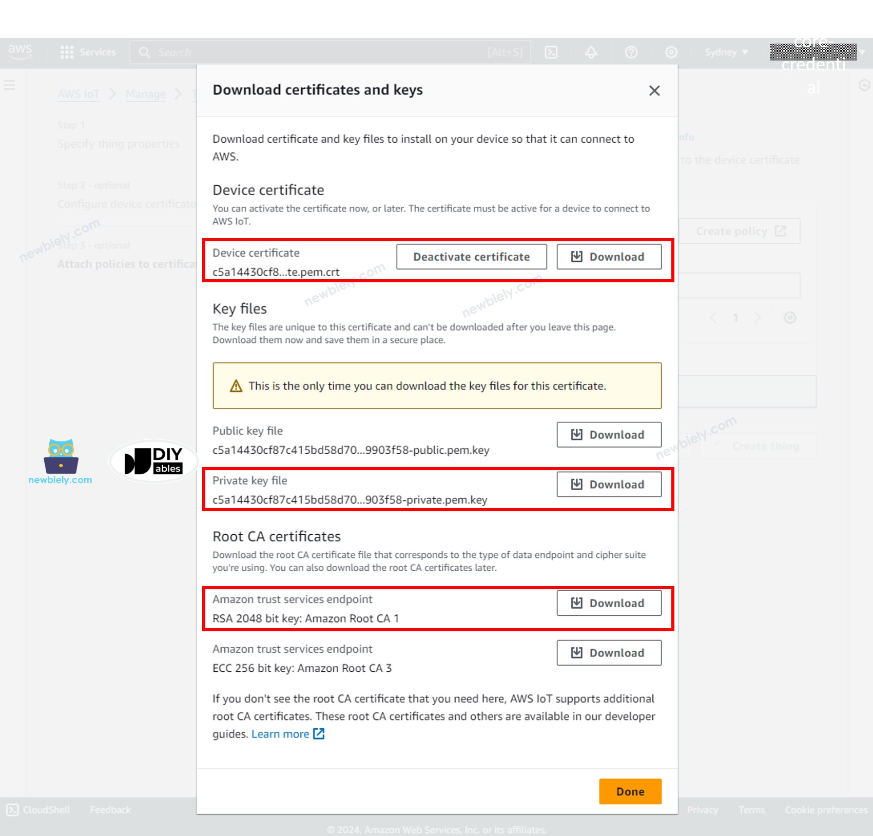 Arquivo de credenciais do AWS IoT Core