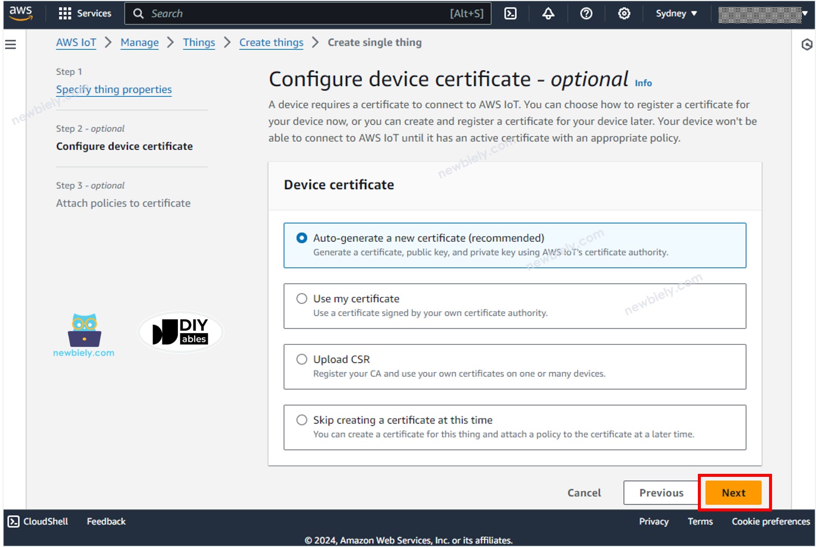 AWS IoT Core gera certificado