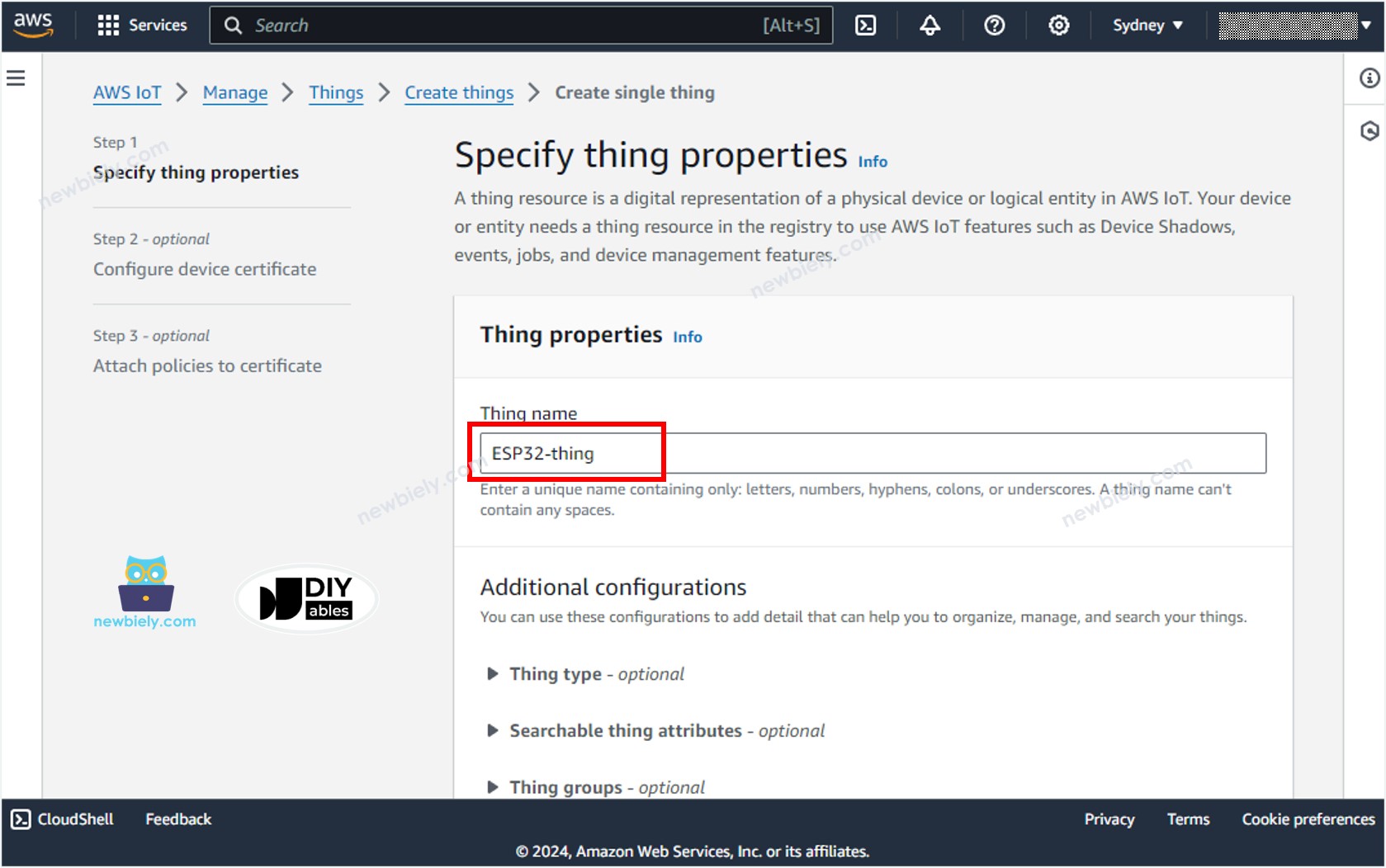 Nome do Thing no AWS IoT Core