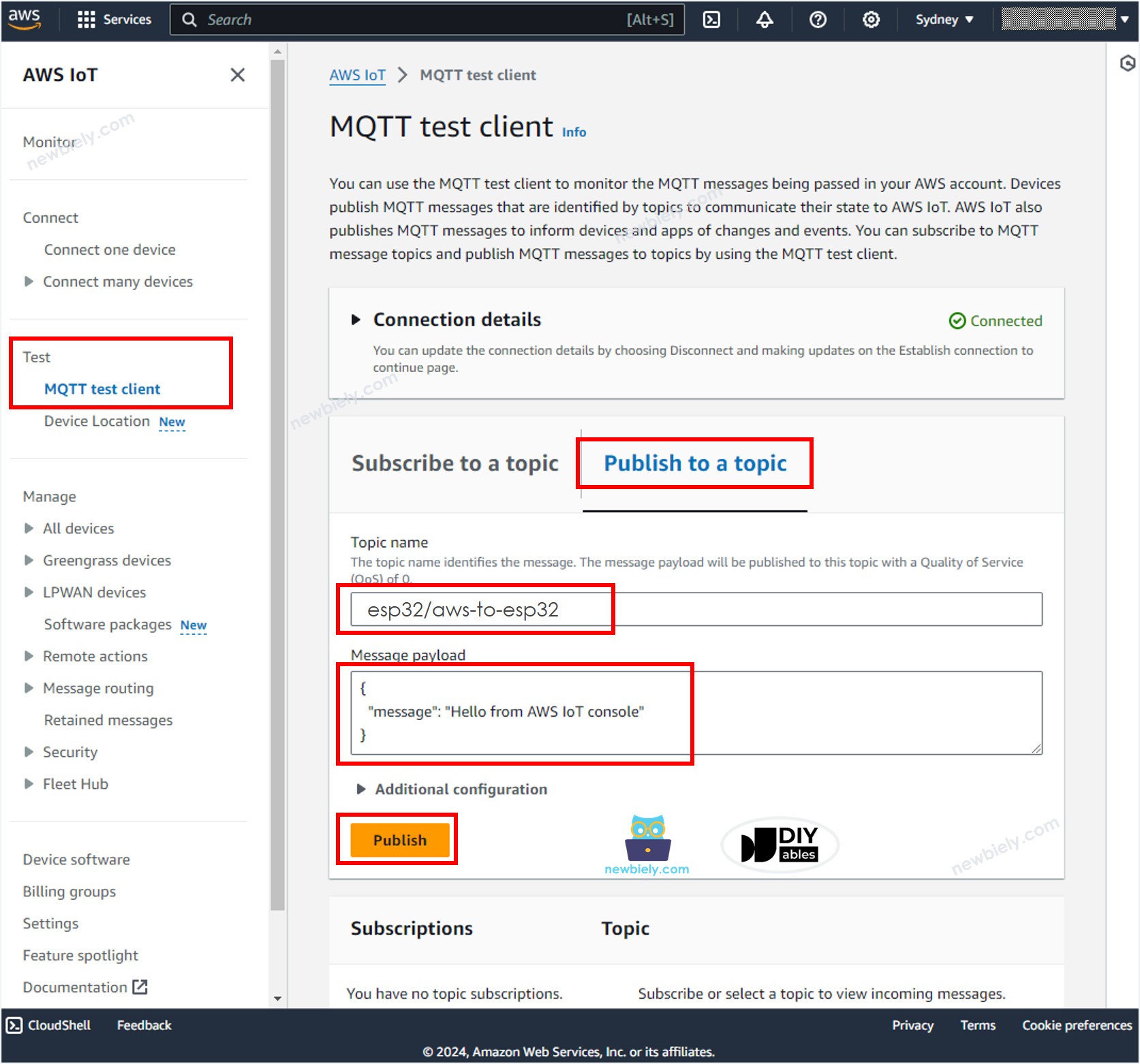 MQTT Test Client do AWS IoT com ESP32