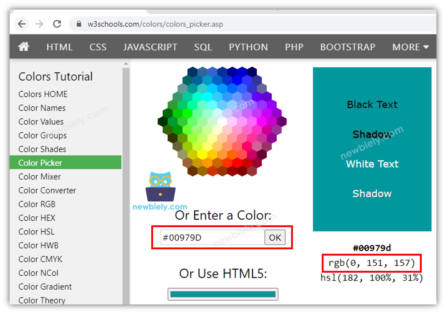 Seletor de cores do LED RGB