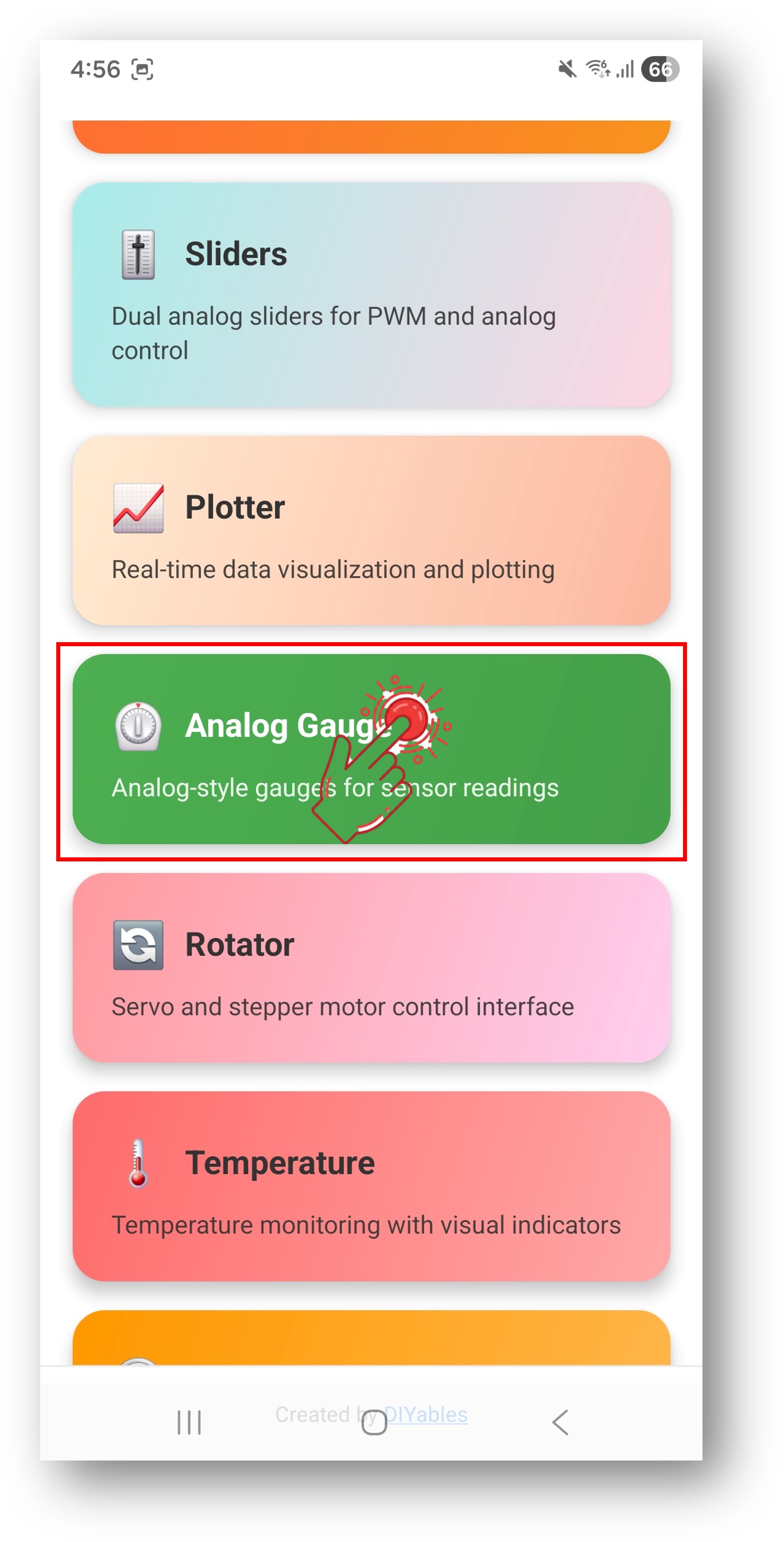 DIYables Bluetooth App - Tela Inicial com o App Analog Gauge