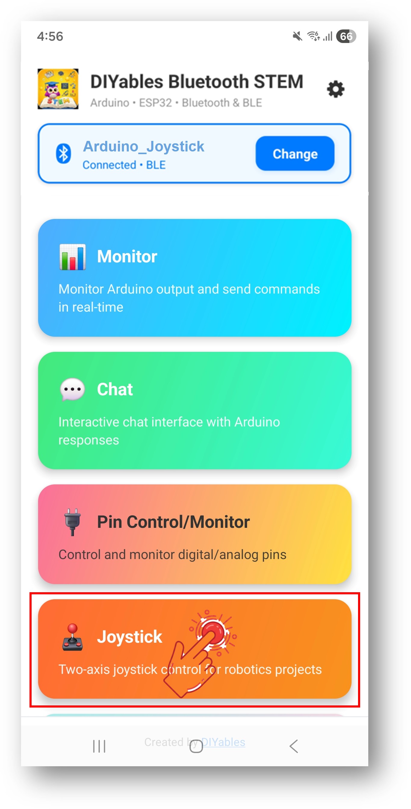 DIYables Bluetooth App - Tela Inicial com o Aplicativo Joystick