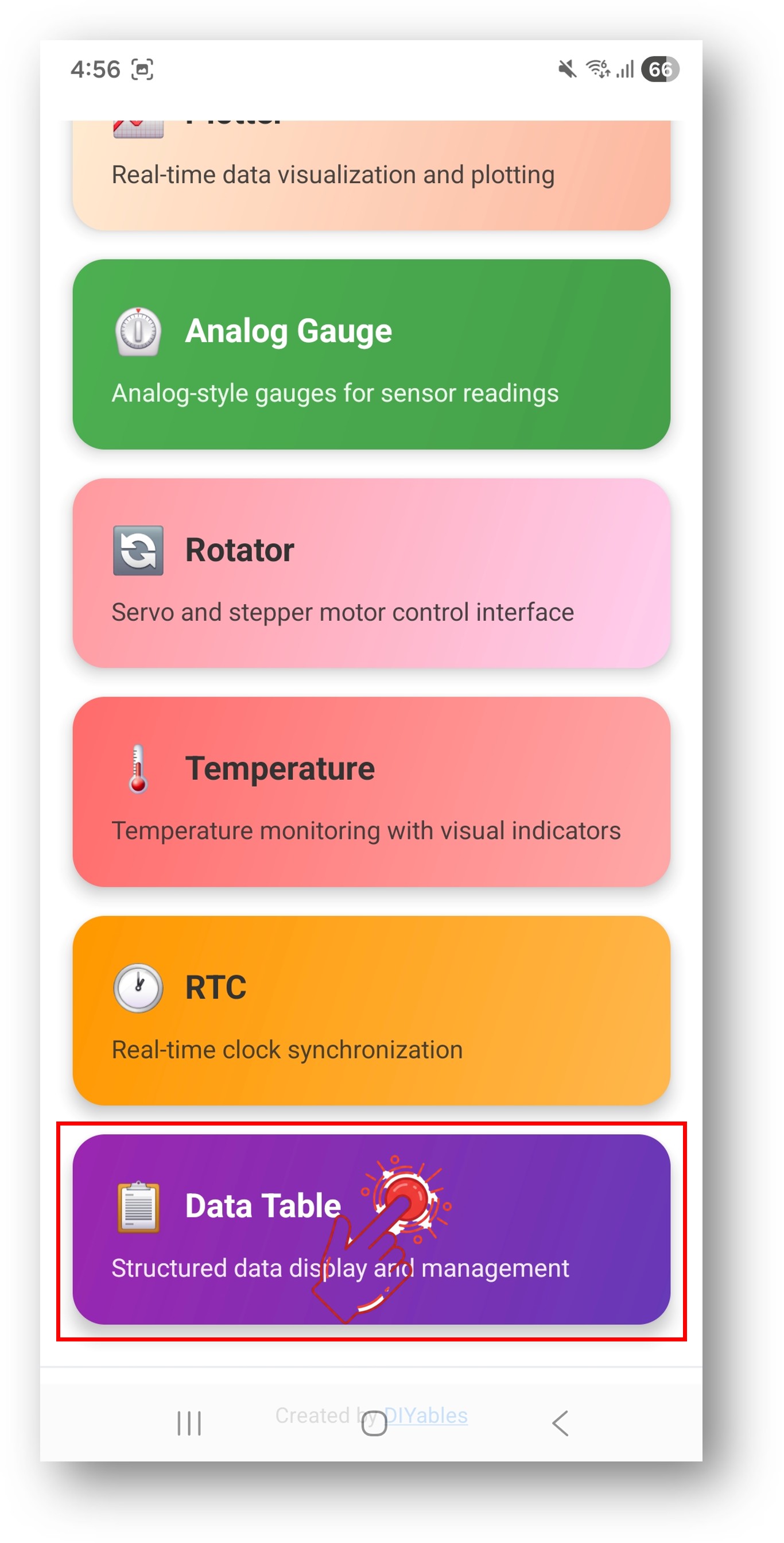 App DIYables Bluetooth - Tela Inicial com o App Table