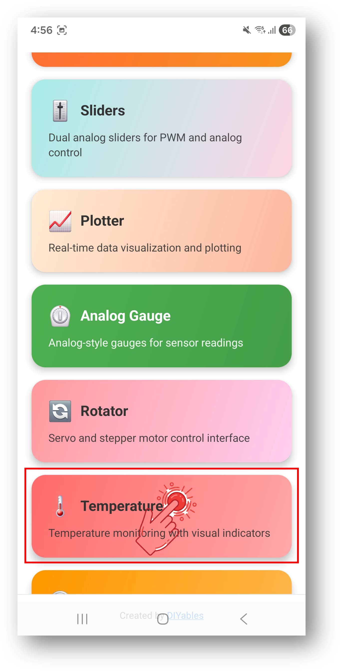 App DIYables Bluetooth - Tela Inicial com o App Temperature