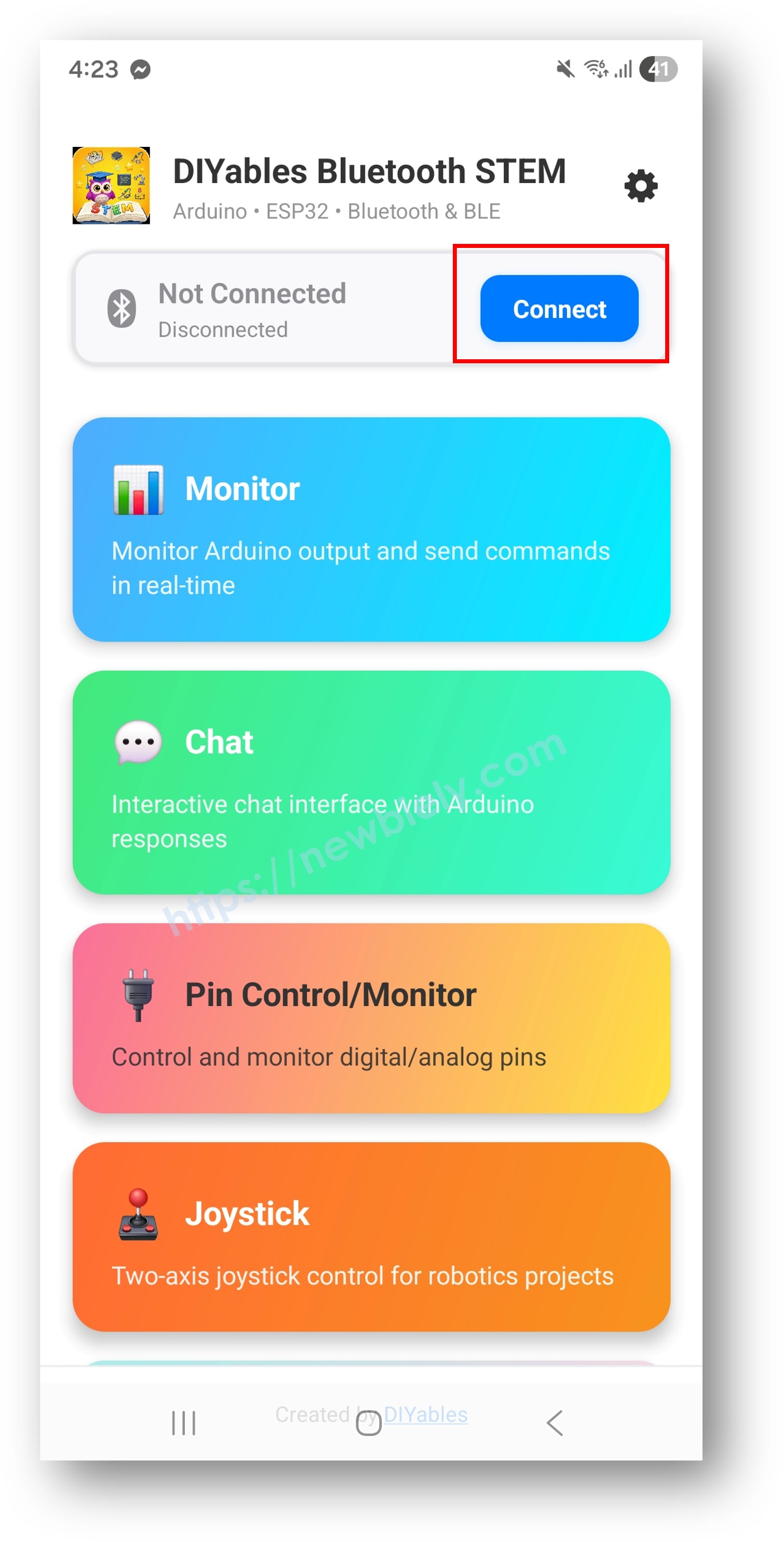 App DIYables Bluetooth - Tela Inicial com Botão de Busca